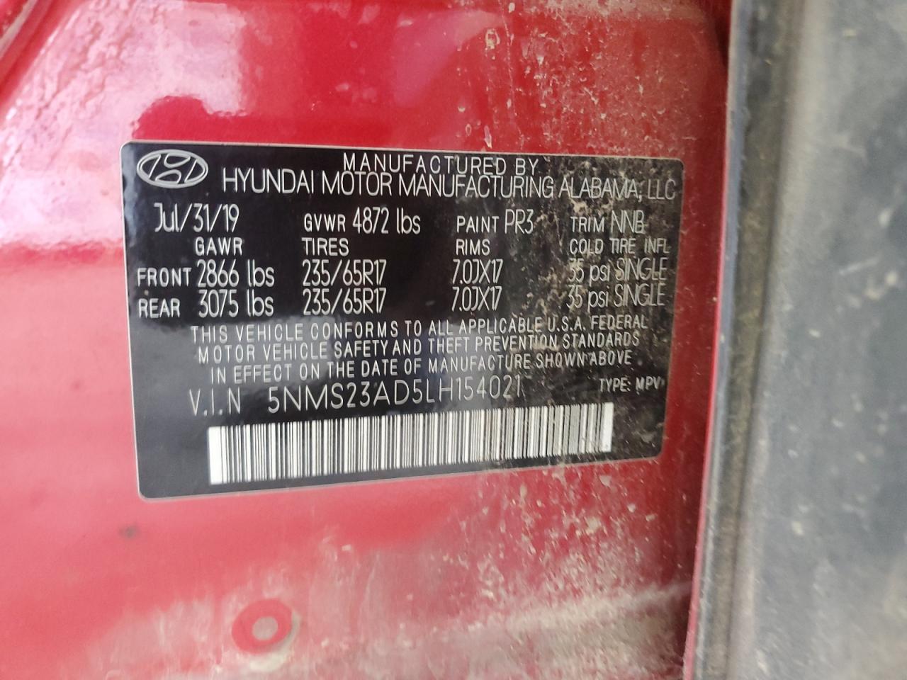 5NMS23AD5LH154021 2020 Hyundai Santa Fe Se