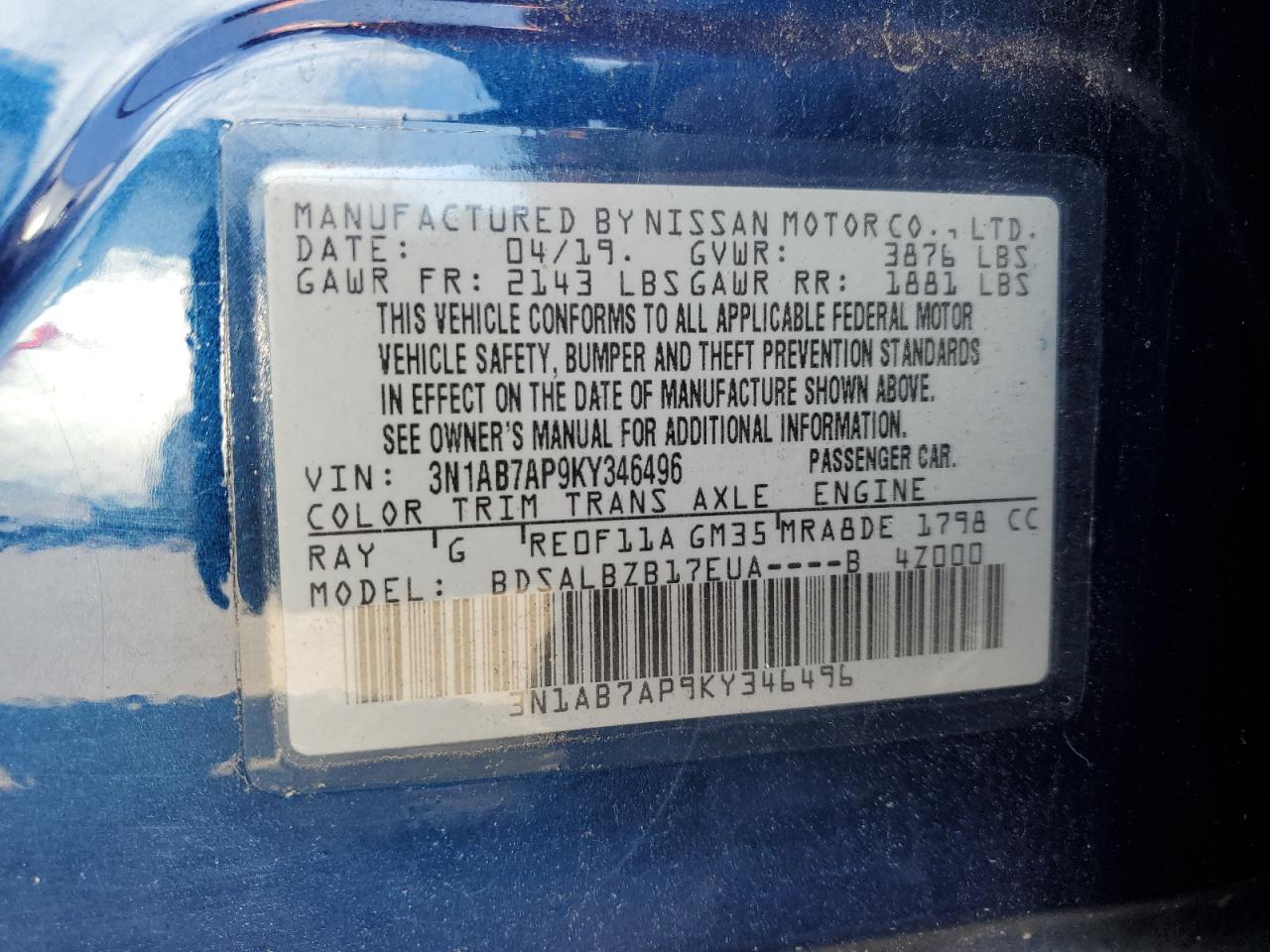 3N1AB7AP9KY346496 2019 Nissan Sentra S