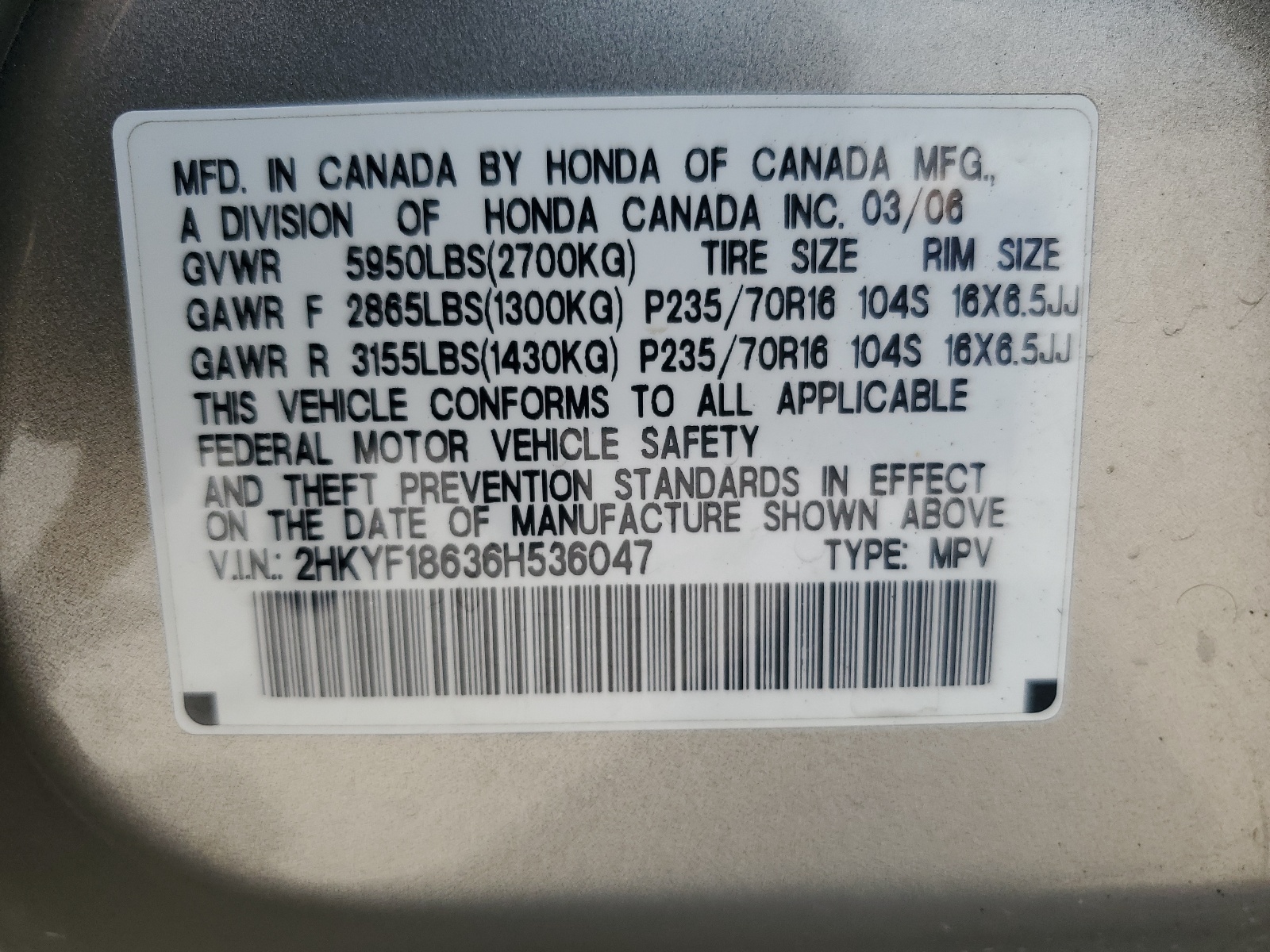 2HKYF18636H536047 2006 Honda Pilot Ex