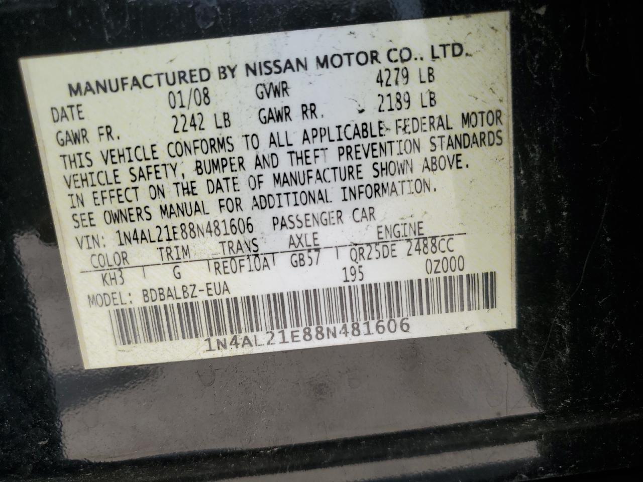 1N4AL21E88N481606 2008 Nissan Altima 2.5