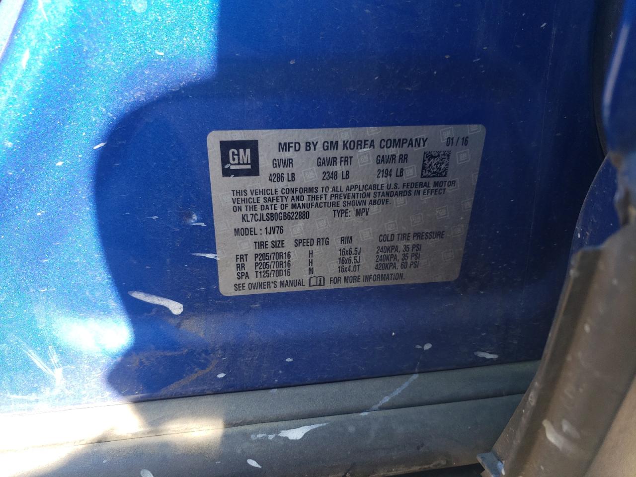 2016 Chevrolet Trax 1Lt VIN: KL7CJLSB0GB622880 Lot: 66140394