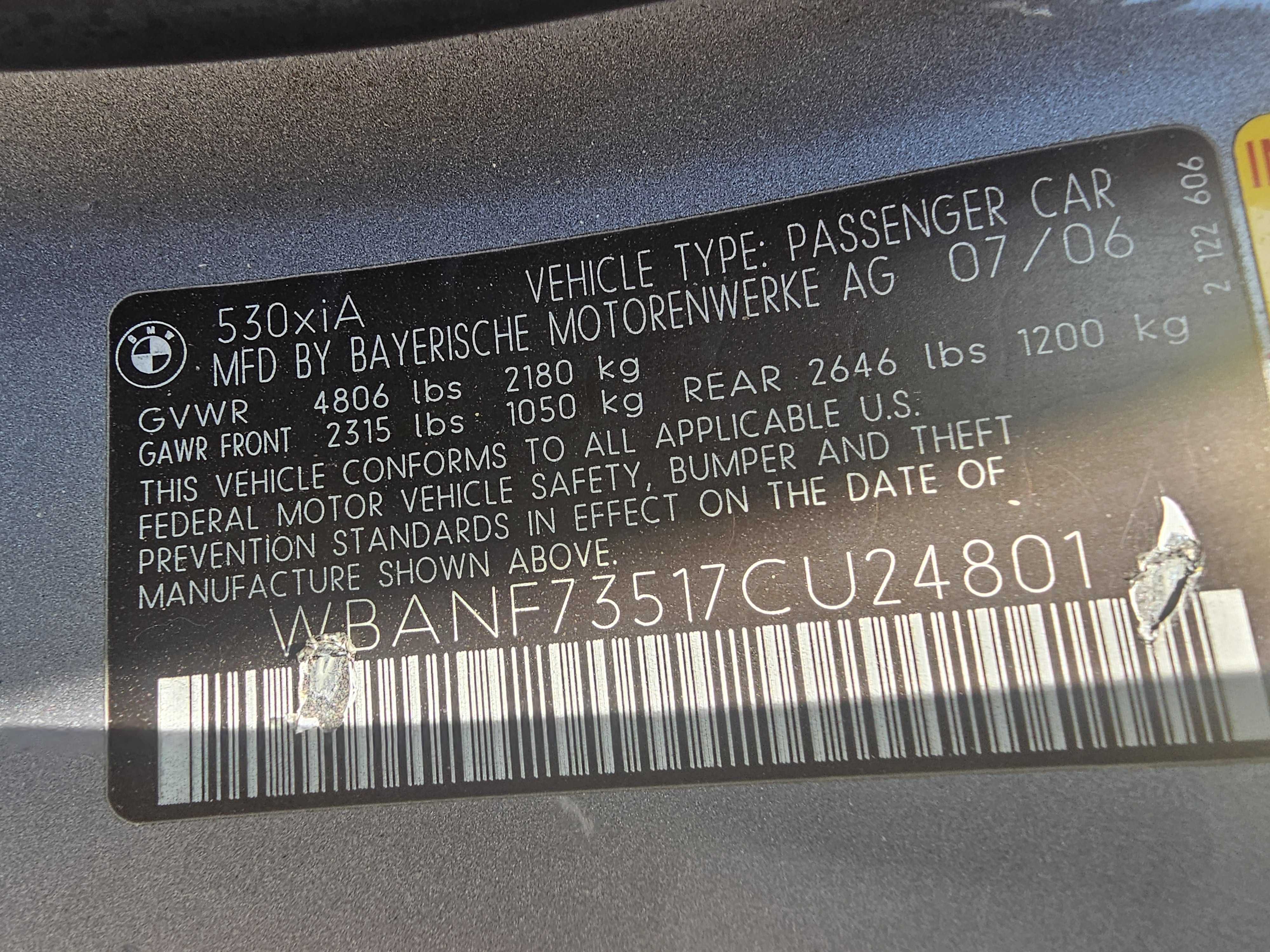 WBANF73517CU24801 2007 BMW 530 Xi