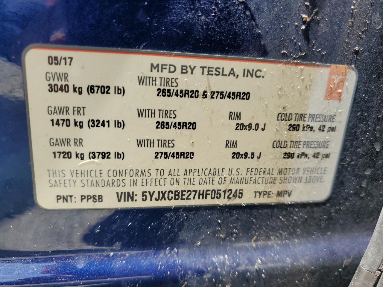 2017 Tesla Model X VIN: 5YJXCBE27HF051245 Lot: 65526524