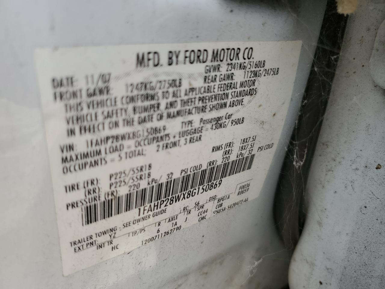 1FAHP28WX8G150869 2008 Ford Taurus Limited