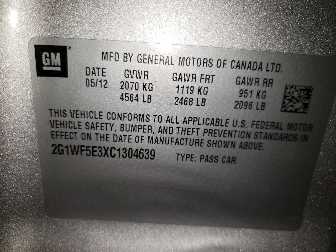 2G1WF5E3XC1304639 2012 Chevrolet Impala Ls