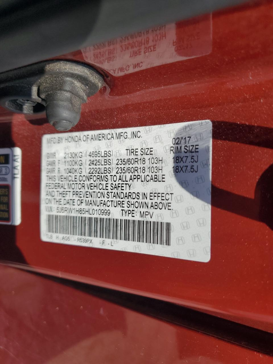 5J6RW1H85HL010999 2017 Honda Cr-V Exl