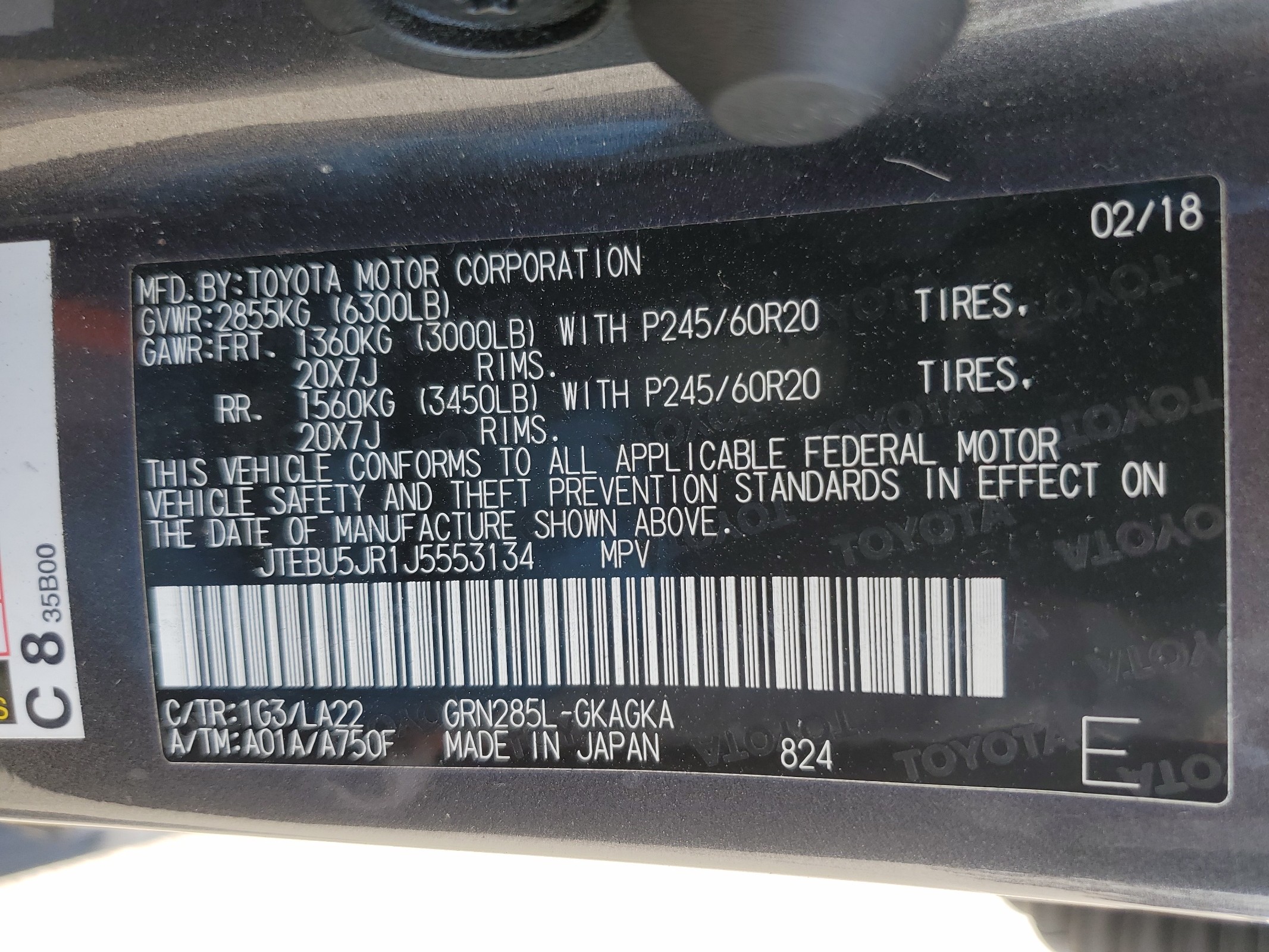 JTEBU5JR1J5553134 2018 Toyota 4Runner Sr5/Sr5 Premium