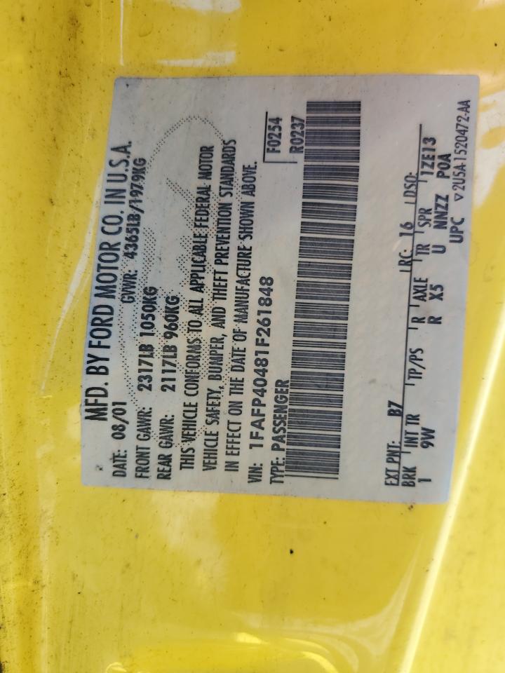 2001 Ford Mustang VIN: 1FAFP40481F261848 Lot: 65912054