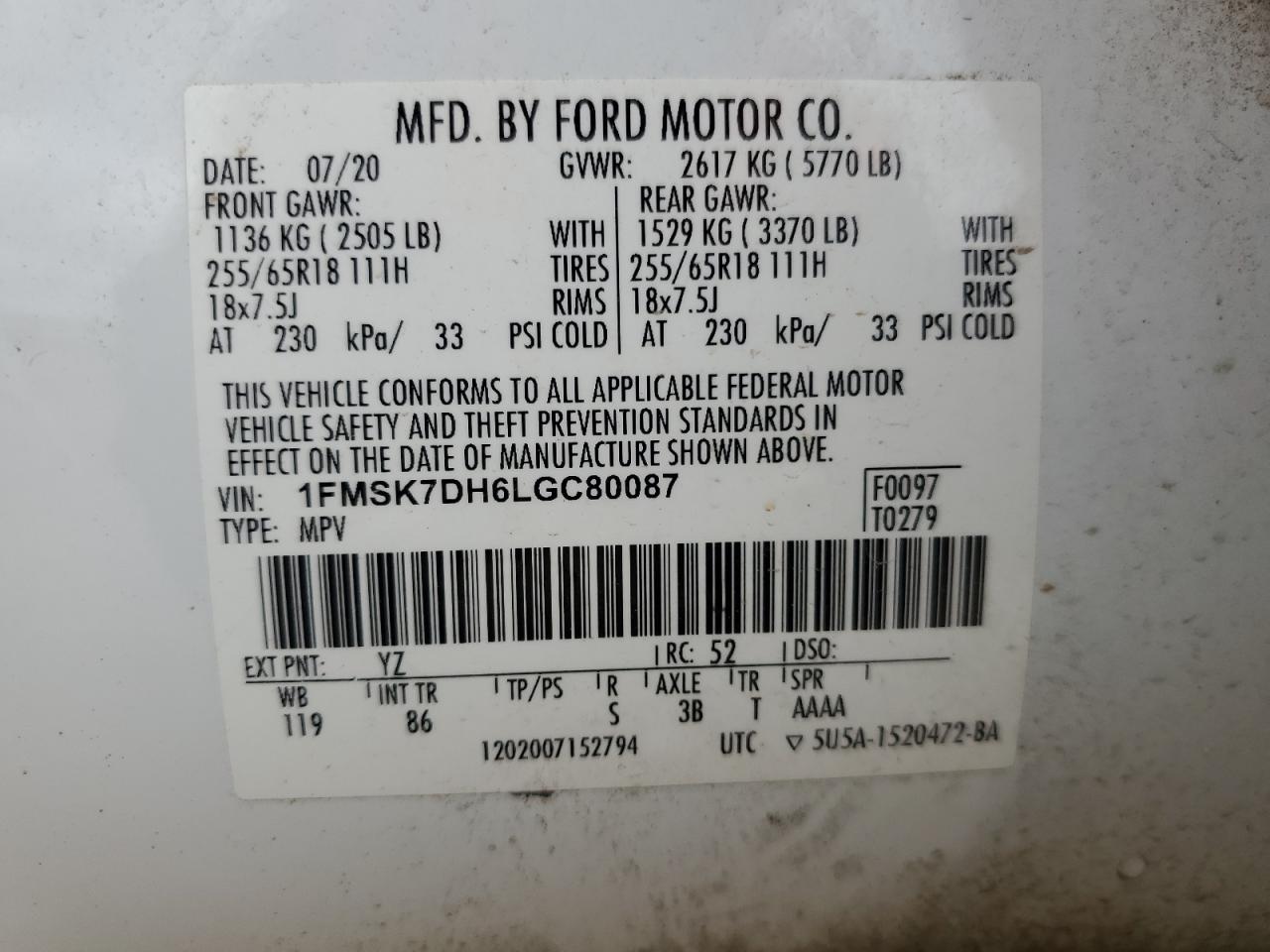 1FMSK7DH6LGC80087 2020 FORD EXPLORER - Image 14