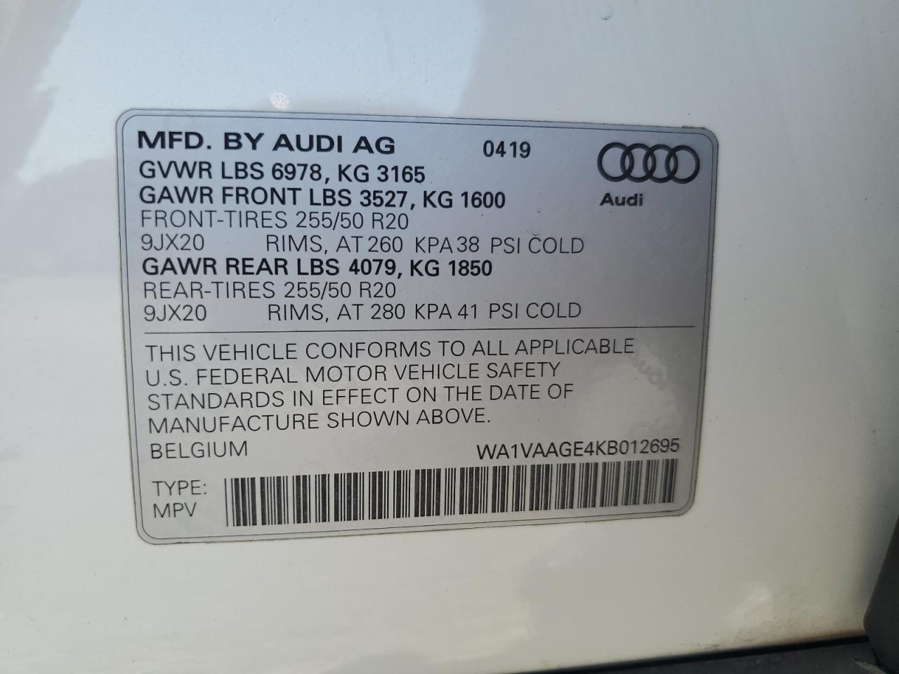 WA1VAAGE4KB012695 2019 Audi E-Tron Prestige