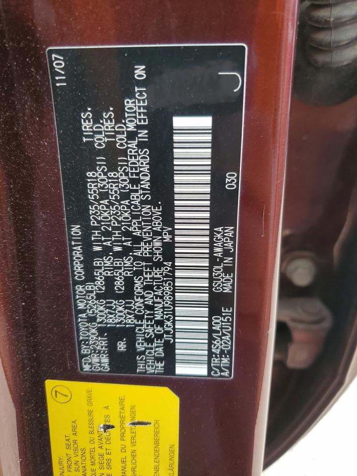 2008 Lexus Rx 350 VIN: JTJGK31U989851794 Lot: 67184144