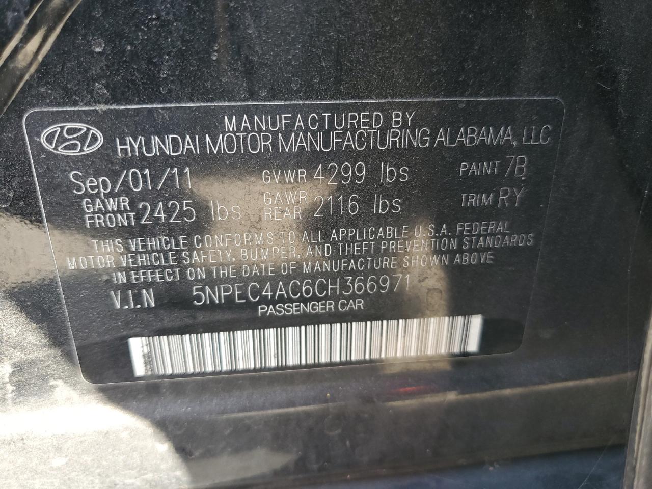 5NPEC4AC6CH366971 2012 Hyundai Sonata Se