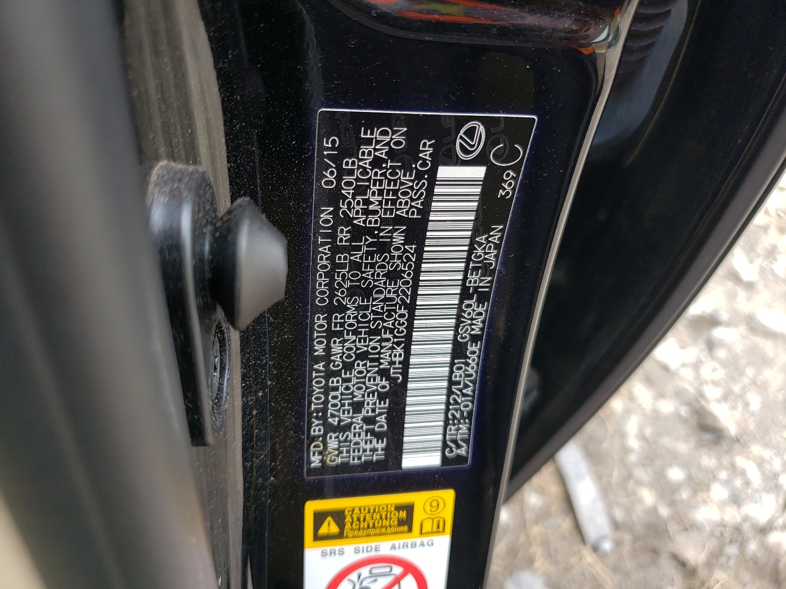 JTHBK1GG0F2206524 2015 Lexus Es 350