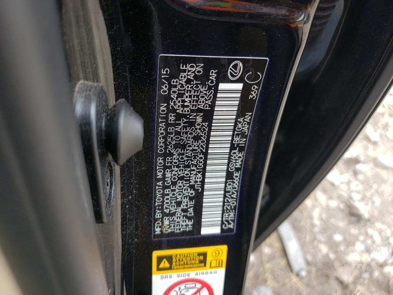 2015 Lexus Es 350 VIN: JTHBK1GG0F2206524 Lot: 65391924