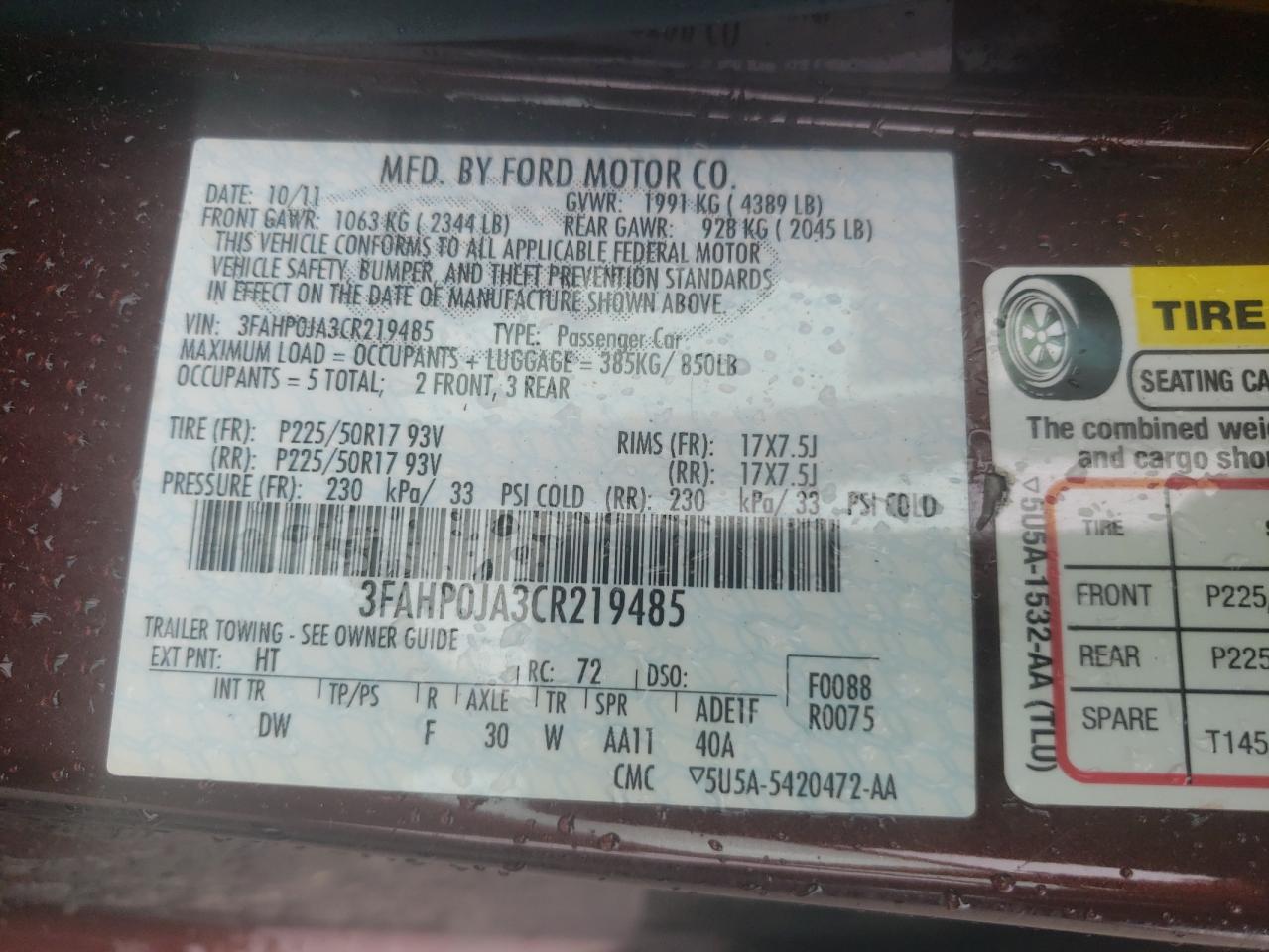 2012 Ford Fusion Sel VIN: 3FAHP0JA3CR219485 Lot: 65864094