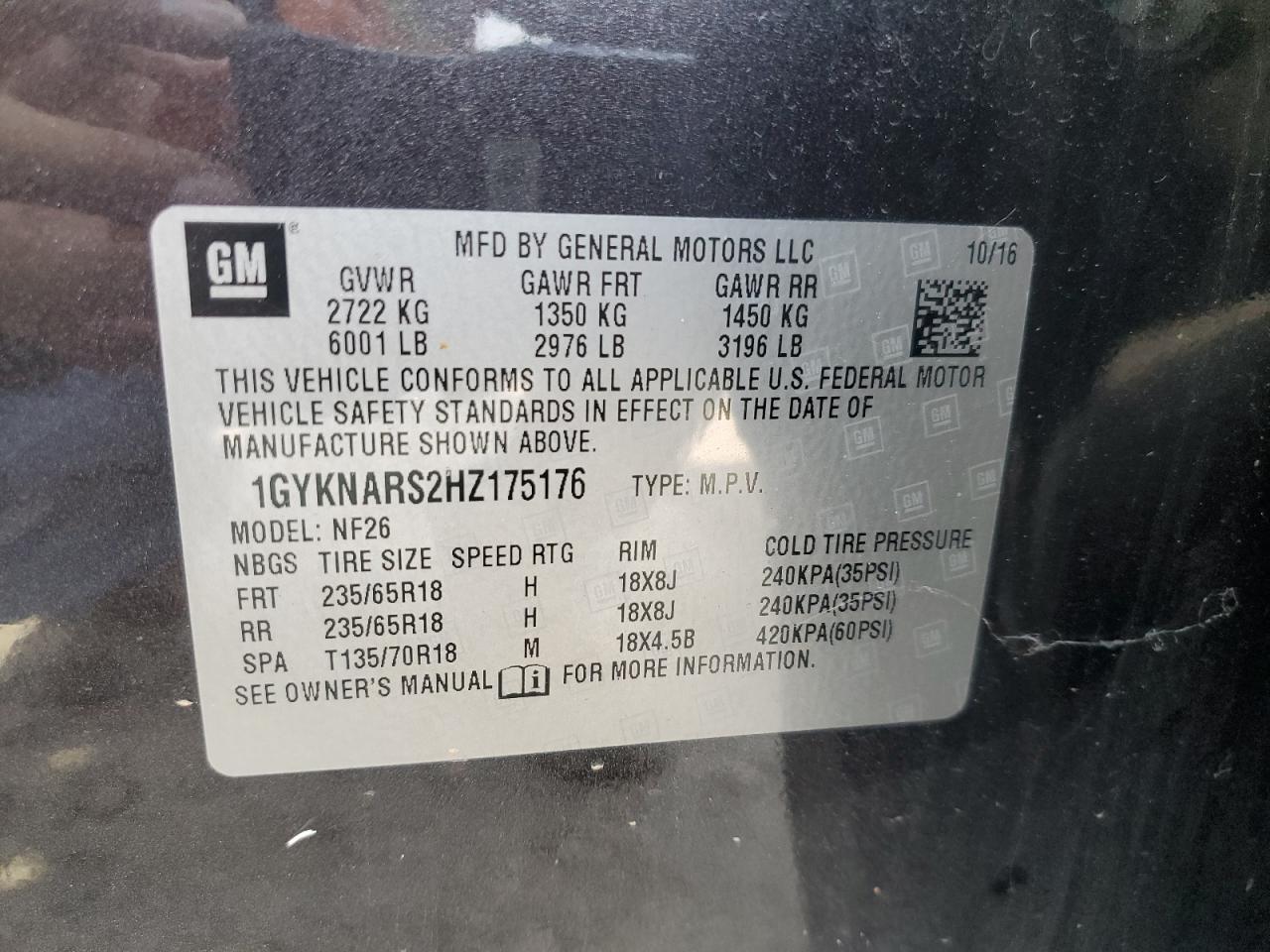 1GYKNARS2HZ175176 2017 Cadillac Xt5