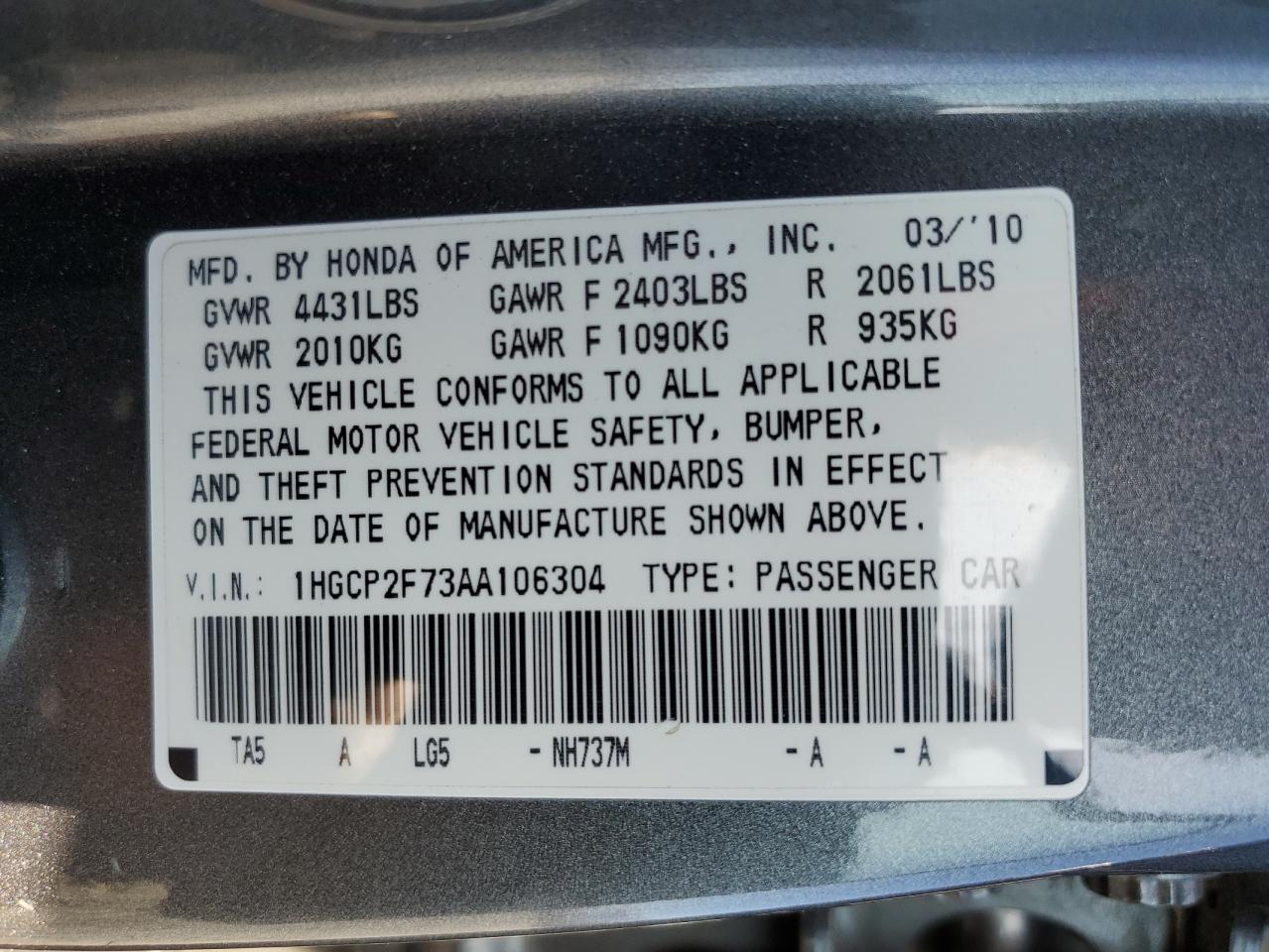 1HGCP2F73AA106304 2010 Honda Accord Ex