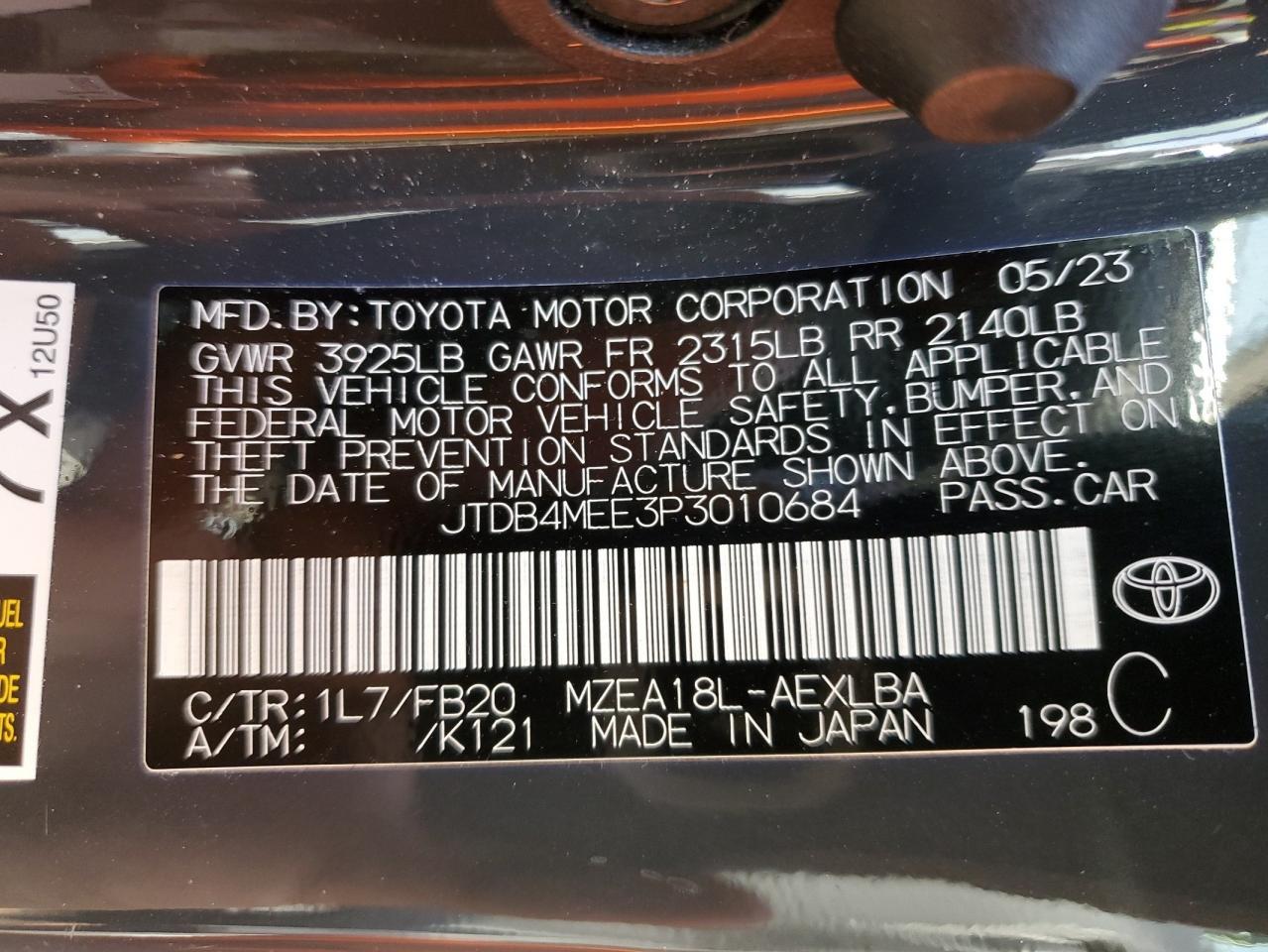 2023 Toyota Corolla Le VIN: JTDB4MEE3P3010684 Lot: 67777684