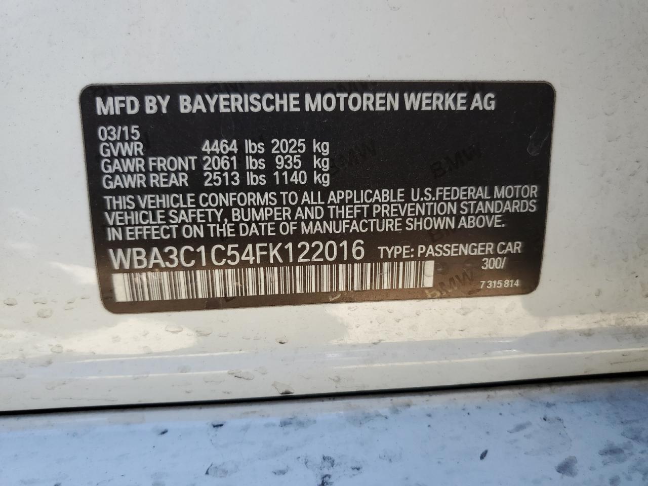 2015 BMW 328 I Sulev VIN: WBA3C1C54FK122016 Lot: 68484724