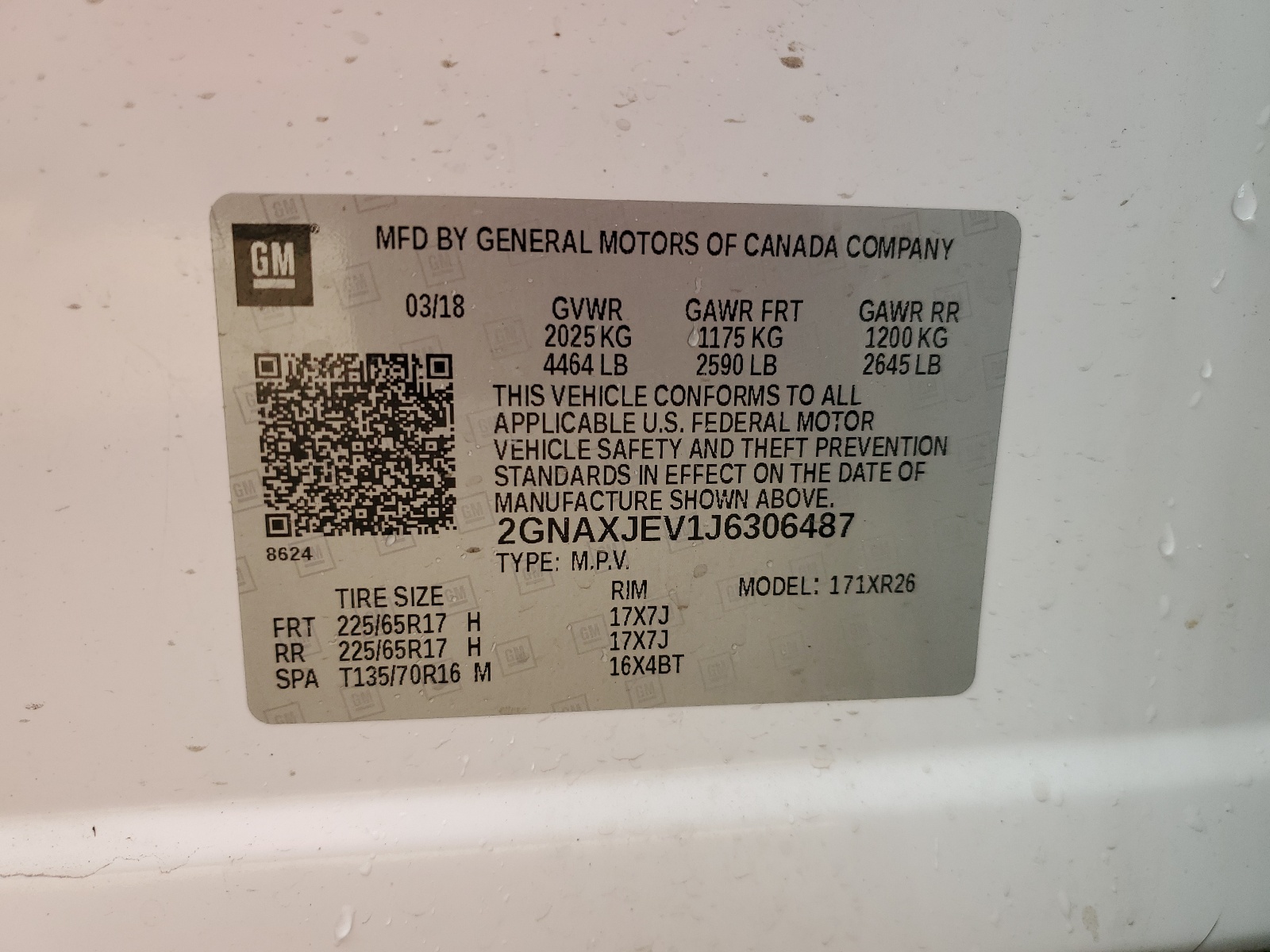 2GNAXJEV1J6306487 2018 Chevrolet Equinox Lt