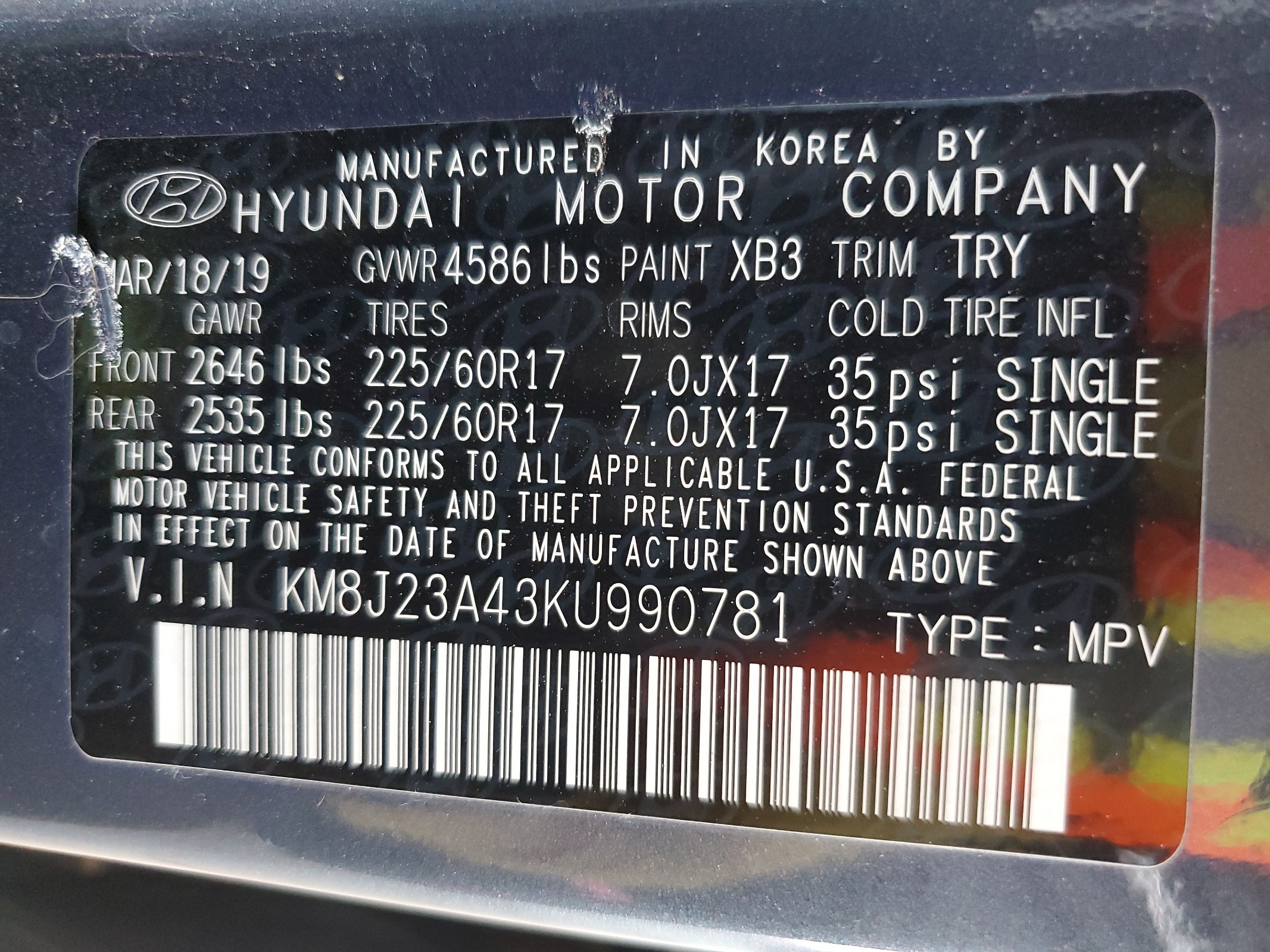 KM8J23A43KU990781 2019 Hyundai Tucson Se