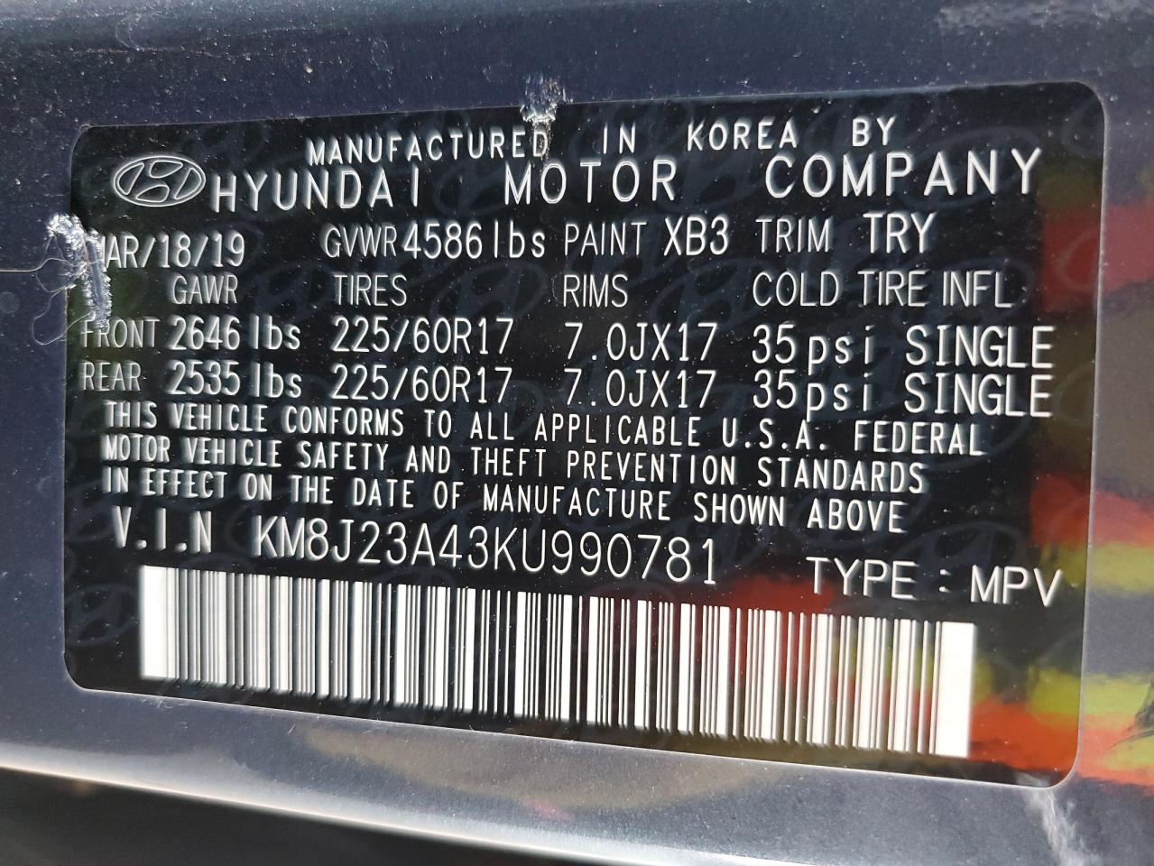 2019 Hyundai Tucson Se VIN: KM8J23A43KU990781 Lot: 64694384