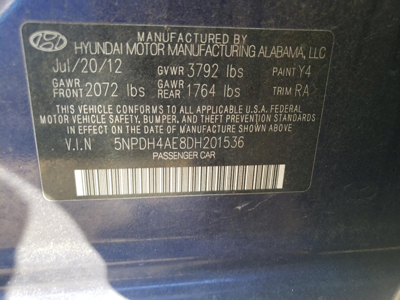 2013 Hyundai Elantra Gls VIN: 5NPDH4AE8DH201536 Lot: 66201924