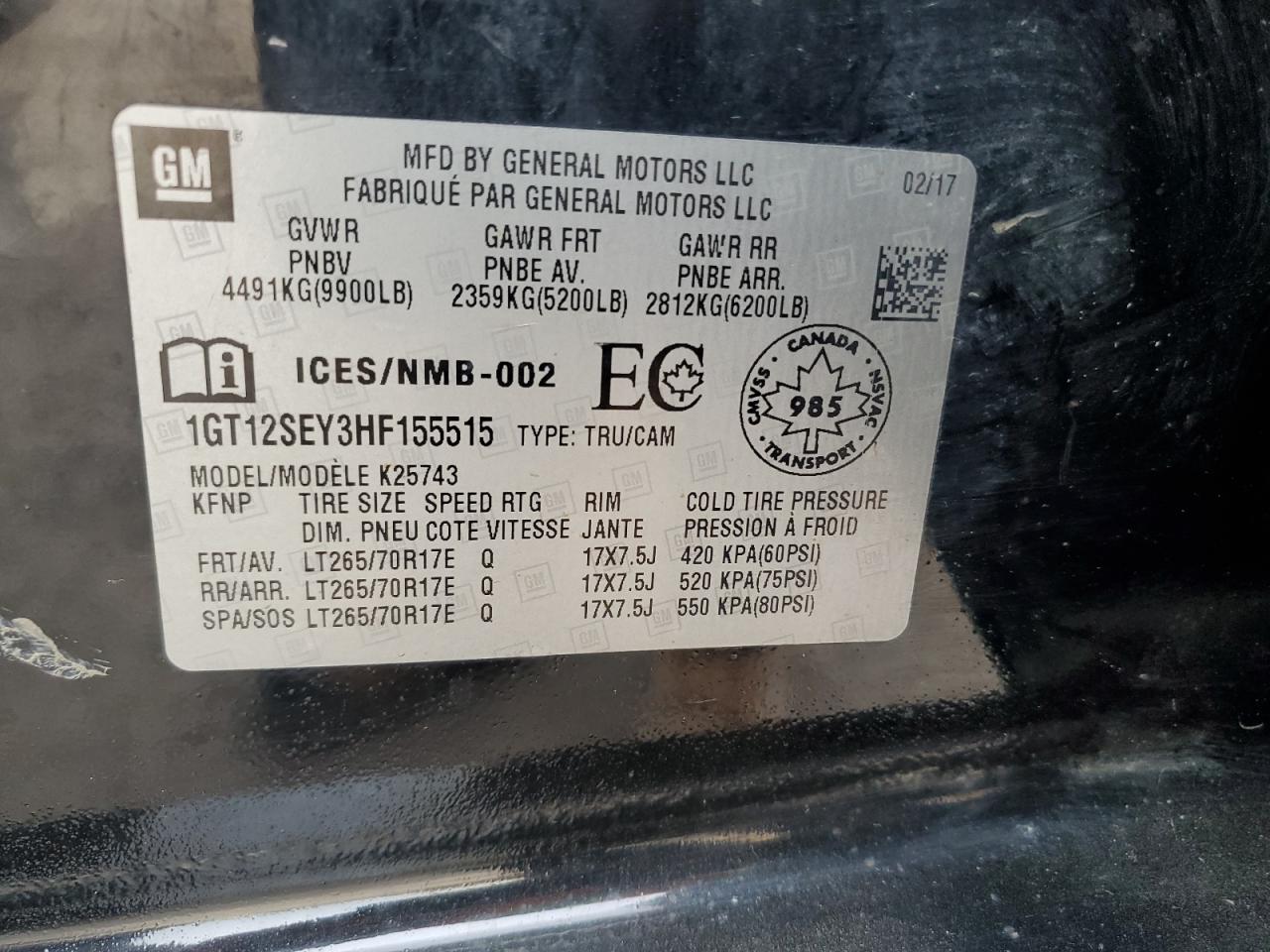 1GT12SEY3HF155515 2017 GMC Sierra K2500 Sle