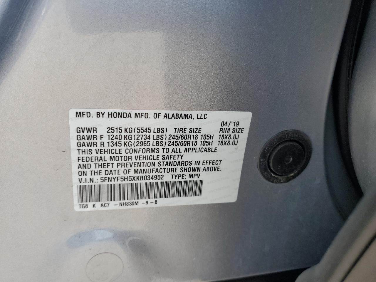 5FNYF5H5XKB034952 2019 Honda Pilot Exl