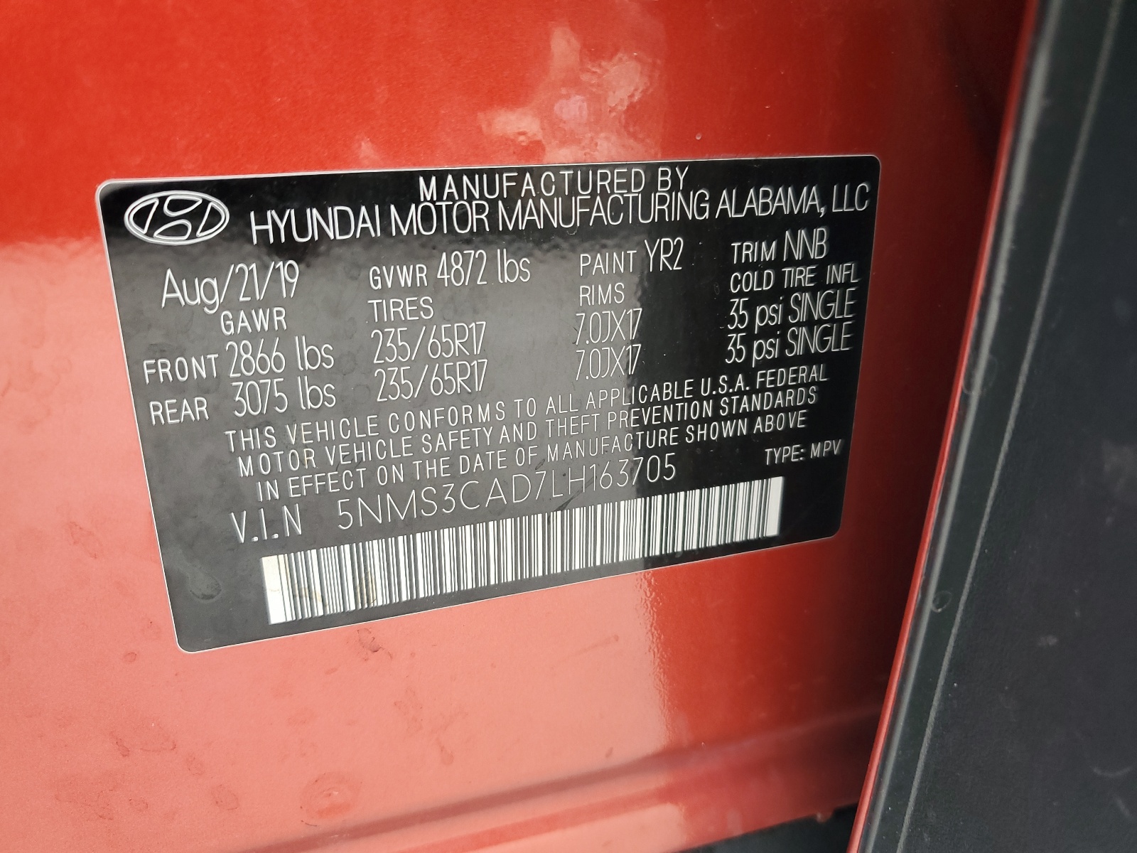 5NMS3CAD7LH163705 2020 Hyundai Santa Fe Sel