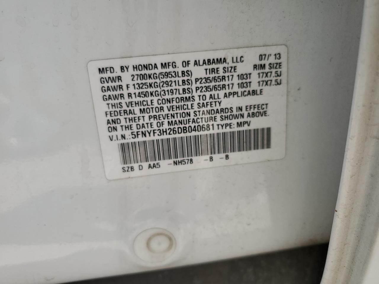 5FNYF3H26DB040681 2013 Honda Pilot Lx