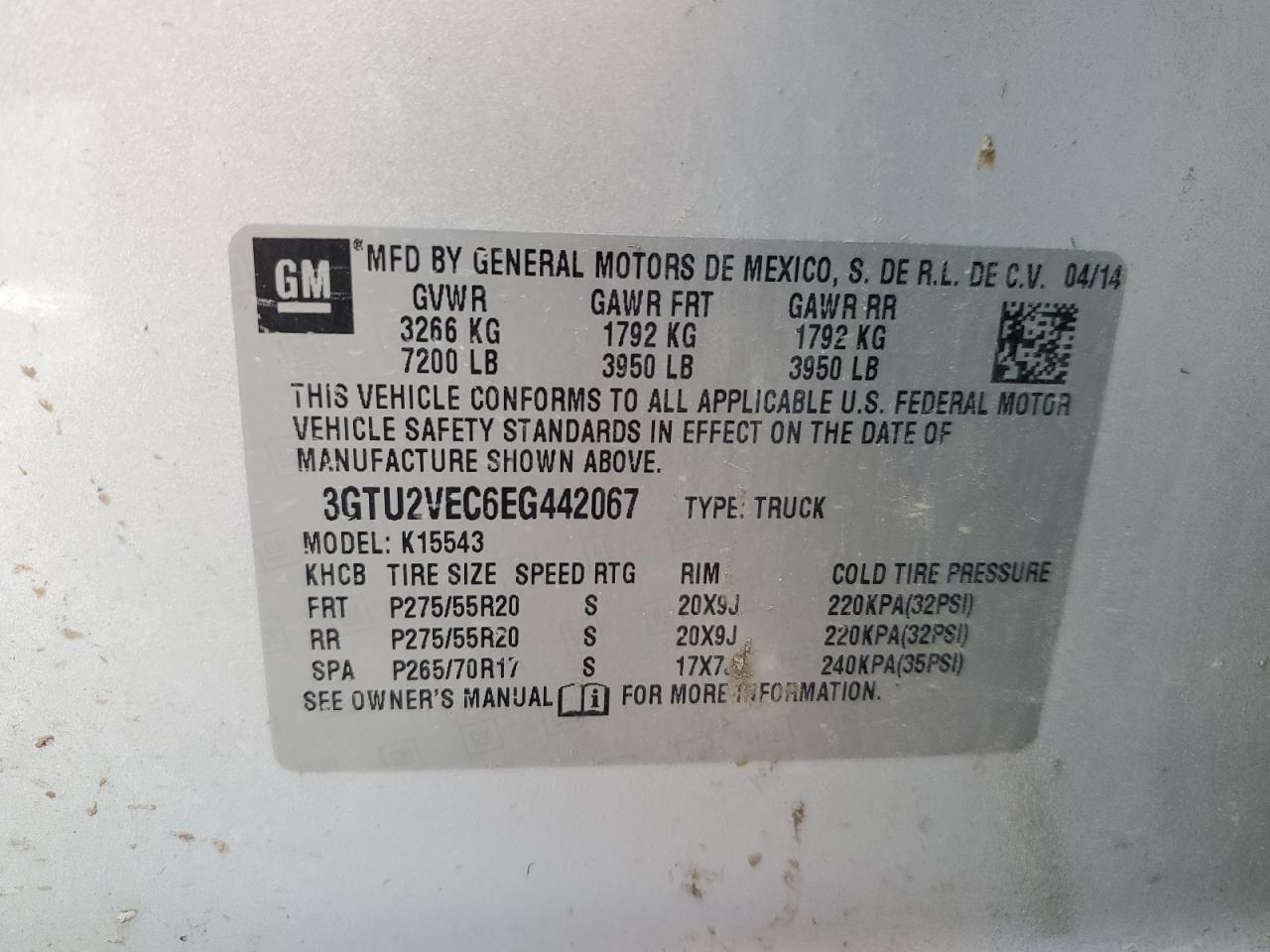 3GTU2VEC6EG442067 2014 GMC Sierra K1500 Slt