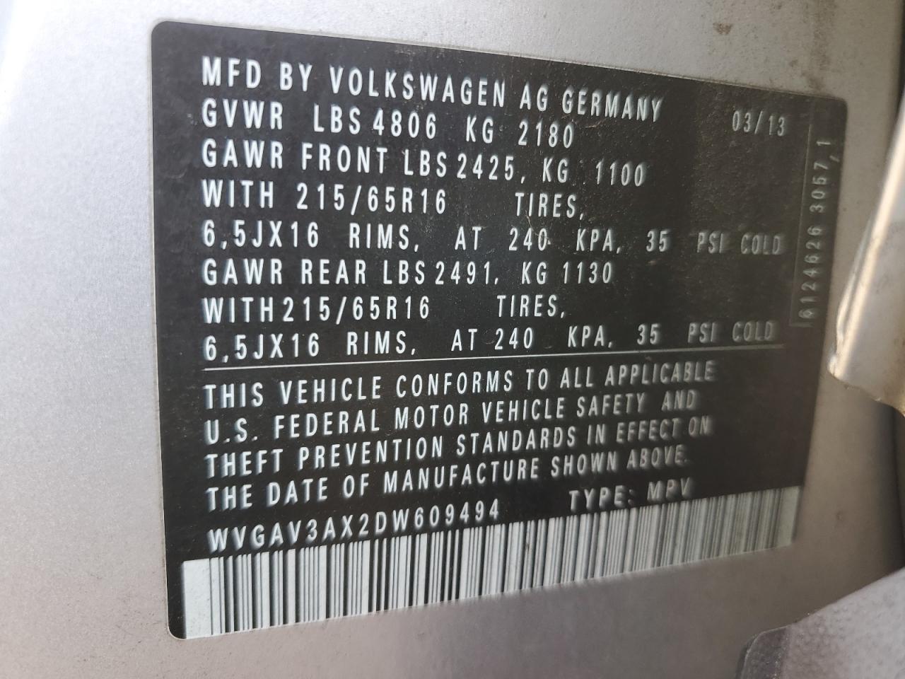 WVGAV3AX2DW609494 2013 Volkswagen Tiguan S