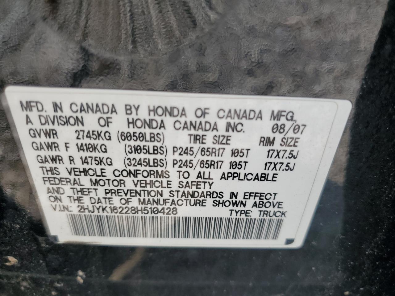 2008 Honda Ridgeline Rt VIN: 2HJYK16228H510428 Lot: 67024634