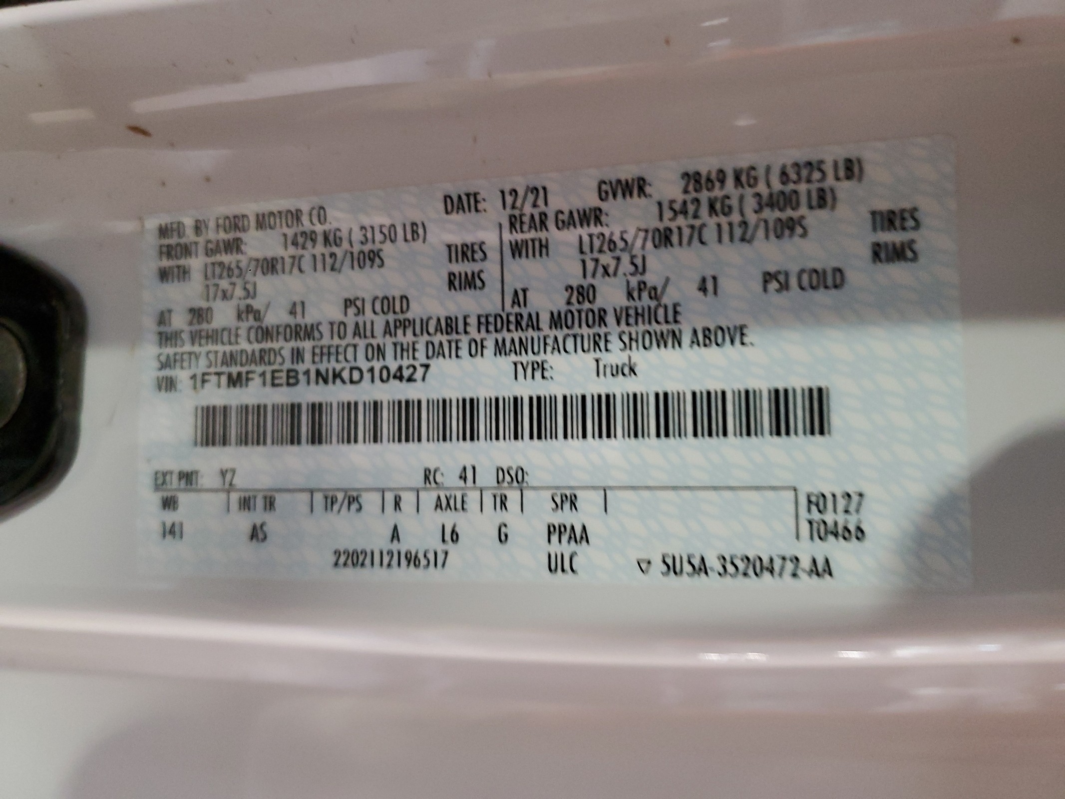 1FTMF1EB1NKD10427 2022 Ford F150