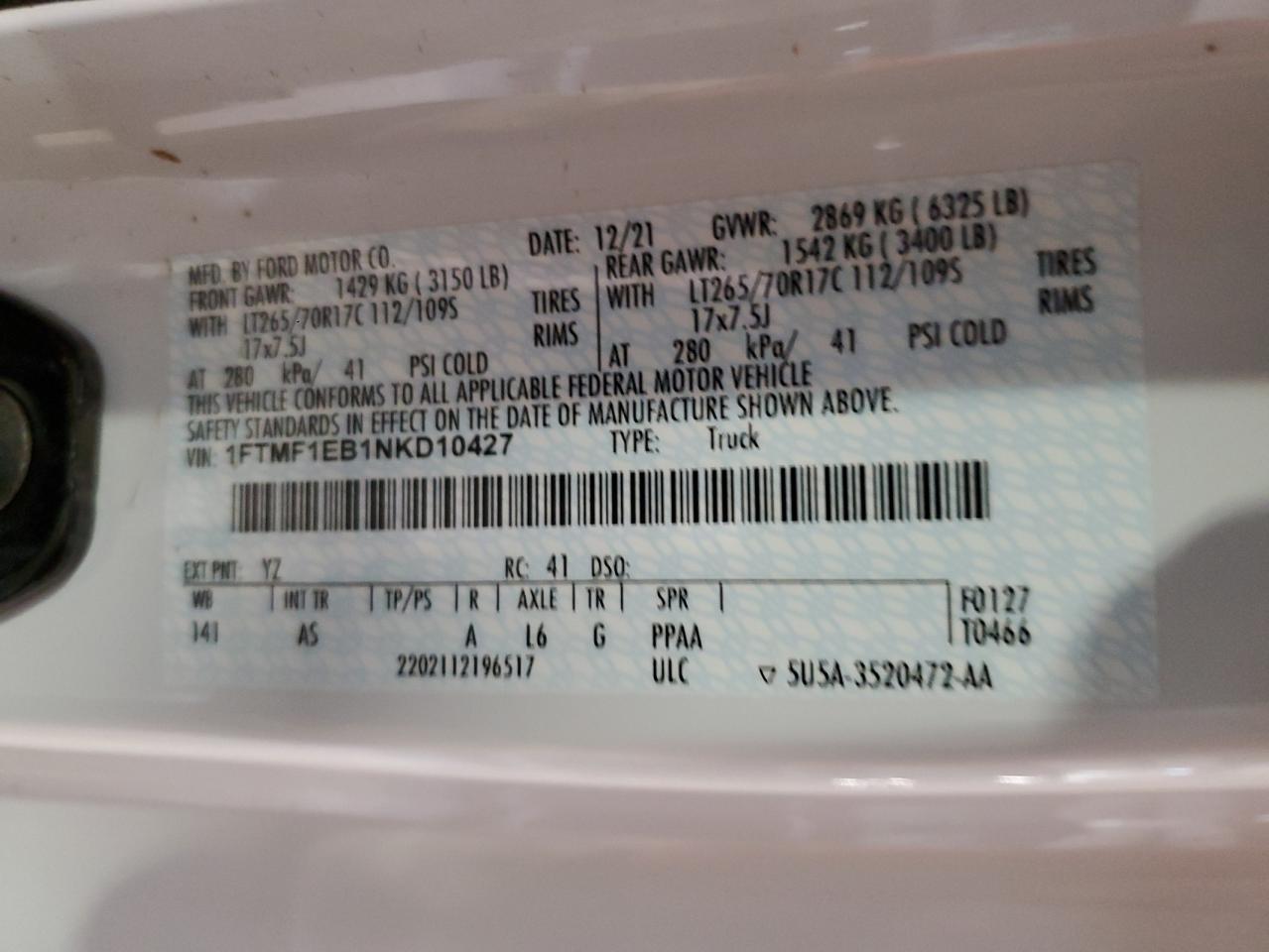 2022 Ford F150 VIN: 1FTMF1EB1NKD10427 Lot: 65859614