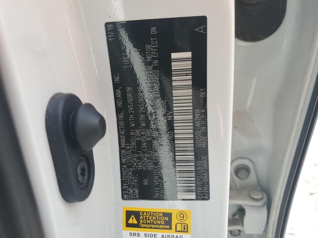 2019 Toyota Highlander Se VIN: 5TDKZRFH9KS557103 Lot: 63255794