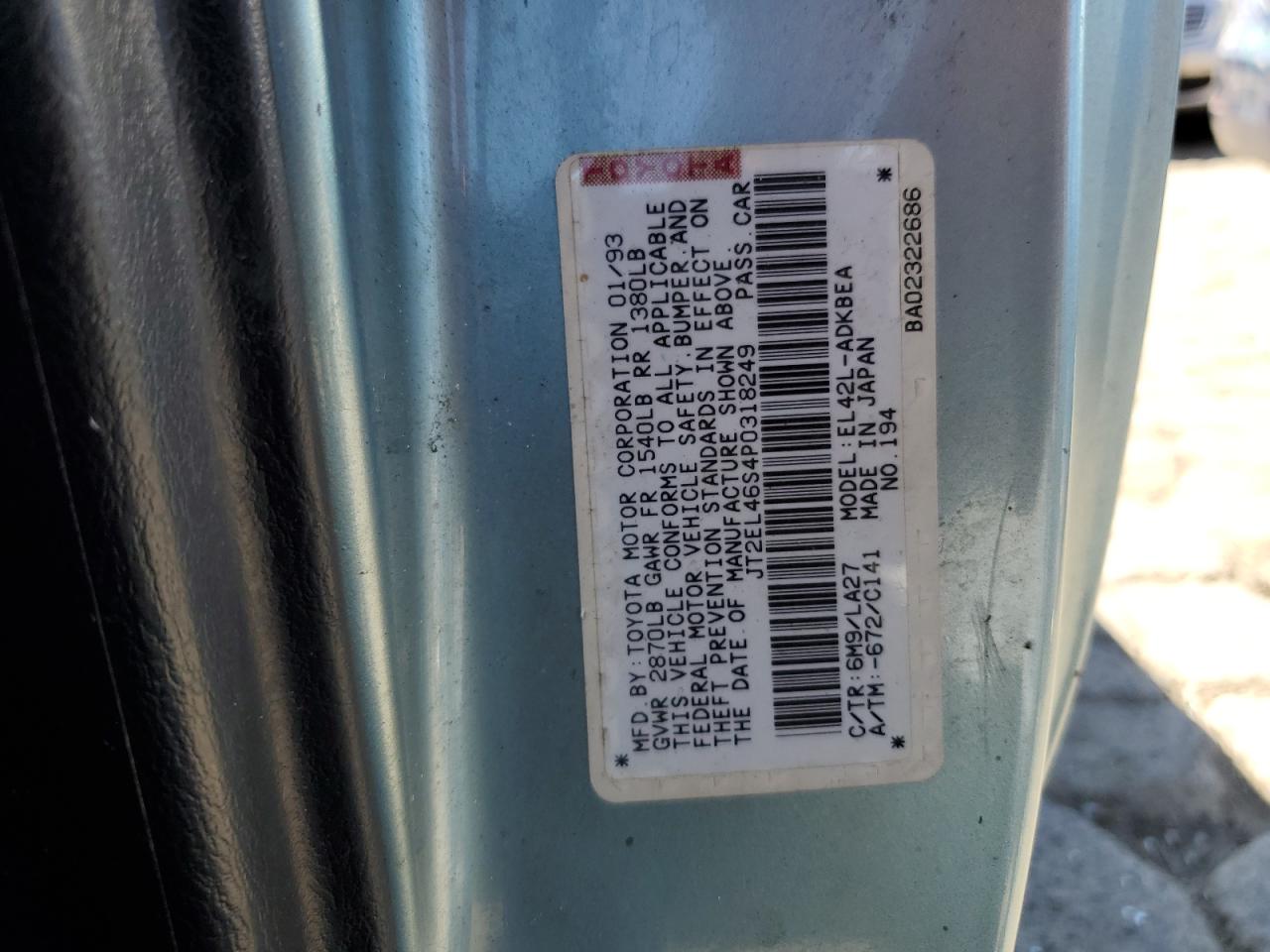 1993 Toyota Tercel Std VIN: JT2EL46S4P0318249 Lot: 69345874