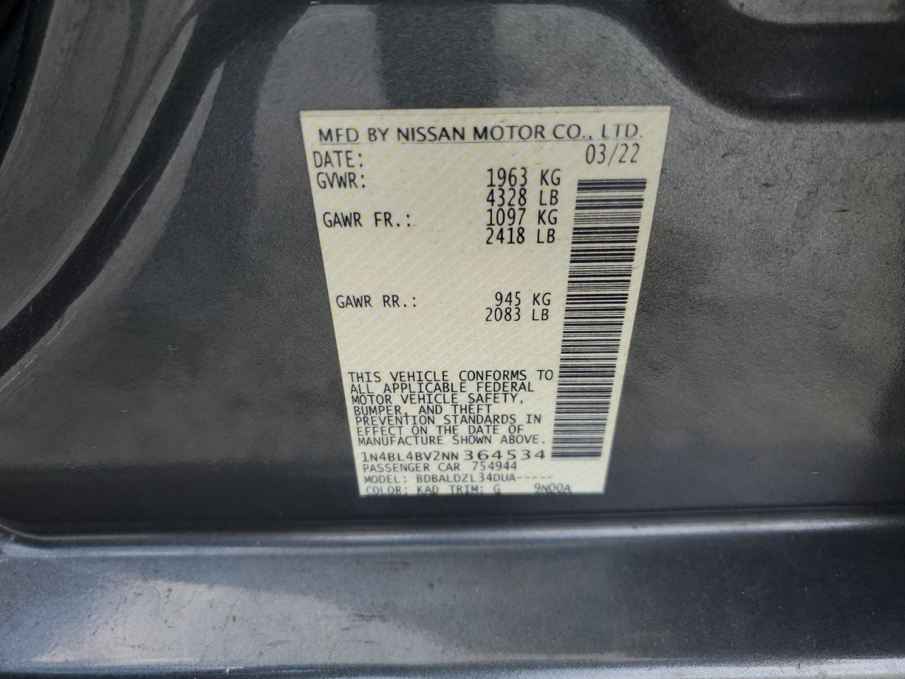 1N4BL4BV2NN364534 2022 Nissan Altima S