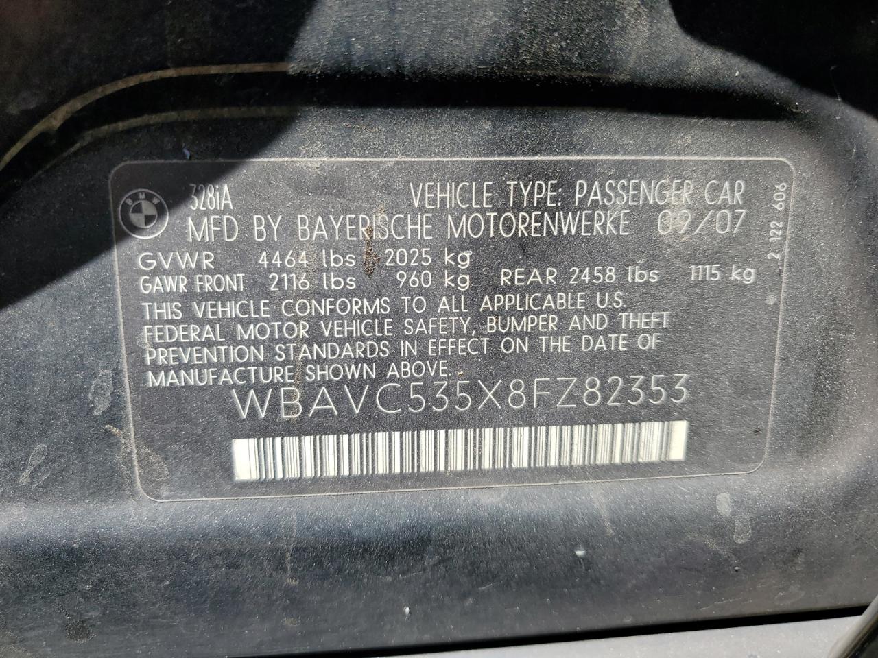 2008 BMW 328 I Sulev VIN: WBAVC535X8FZ82353 Lot: 68280414