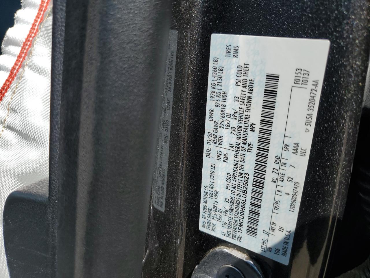 2020 Ford Escape Sel VIN: 1FMCU0H66LUB25023 Lot: 66234954