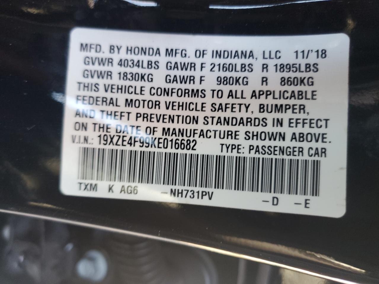 2019 Honda Insight Touring VIN: 19XZE4F99KE016682 Lot: 69067704