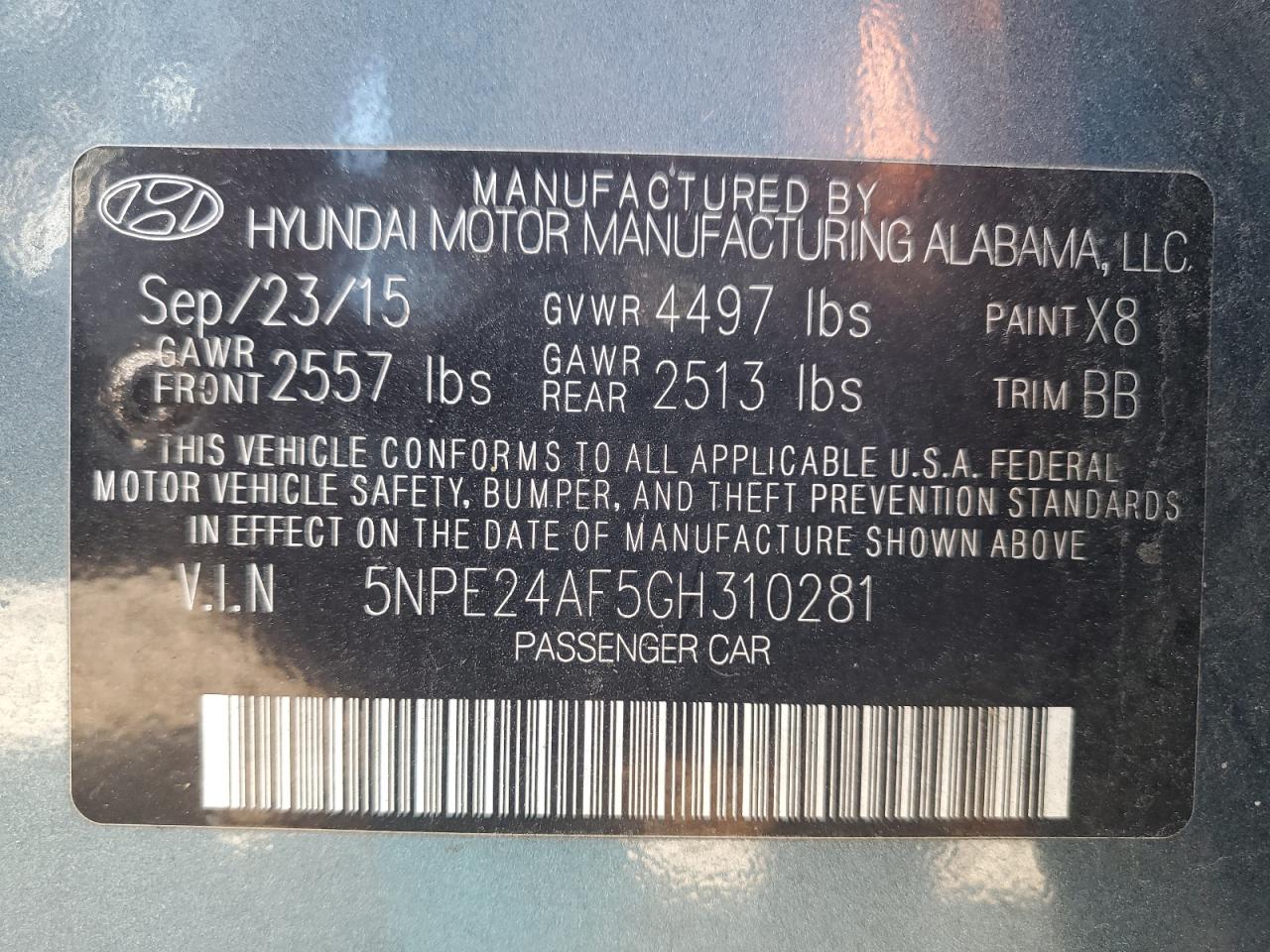 5NPE24AF5GH310281 2016 Hyundai Sonata Se