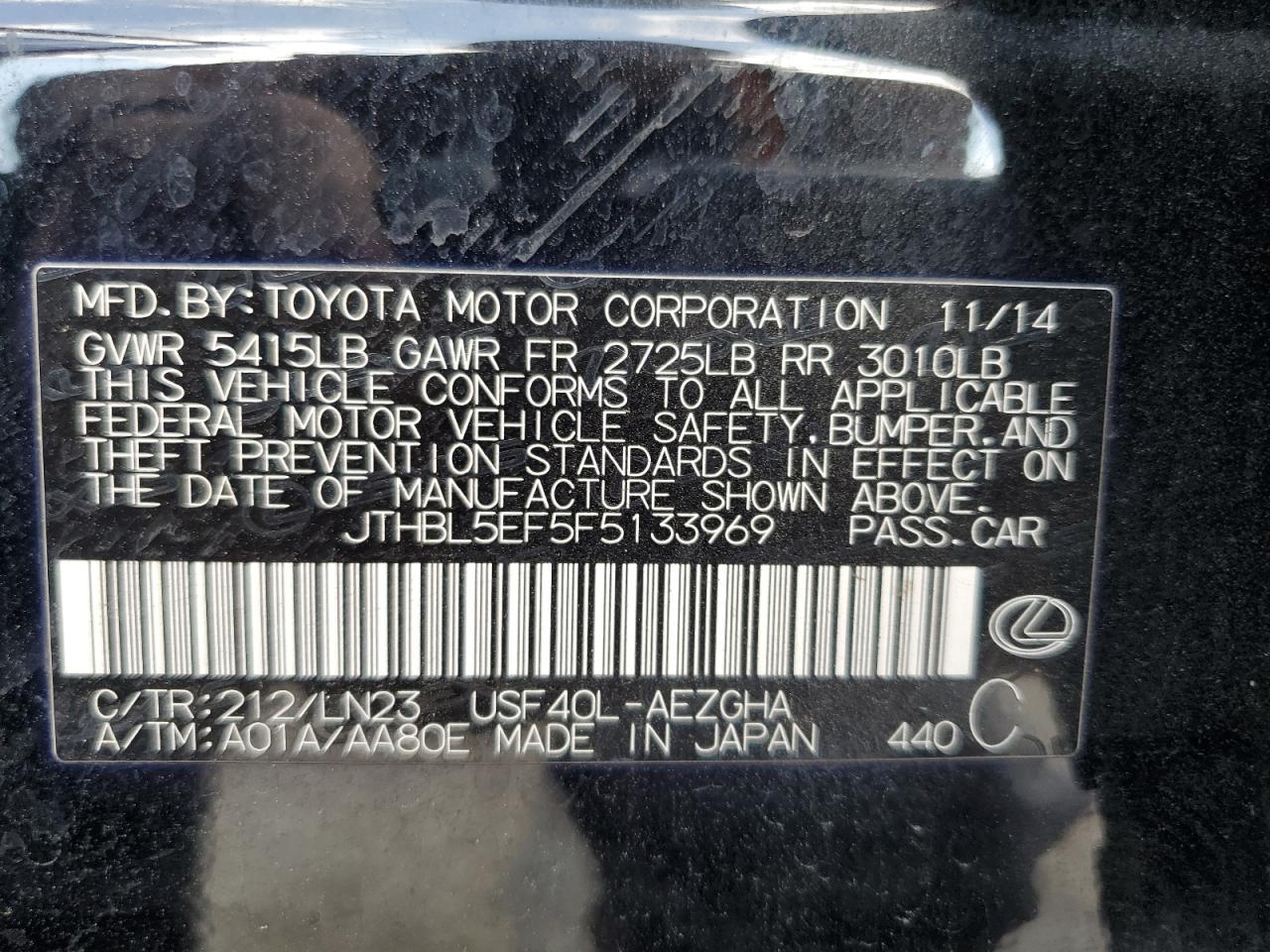 2015 Lexus Ls 460 VIN: JTHBL5EF5F5133969 Lot: 67261634