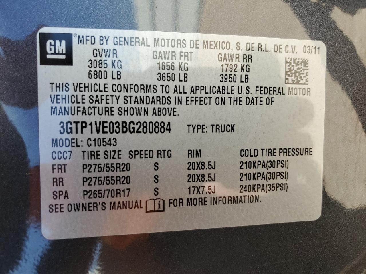 3GTP1VE03BG280884 2011 GMC Sierra C1500 Sle