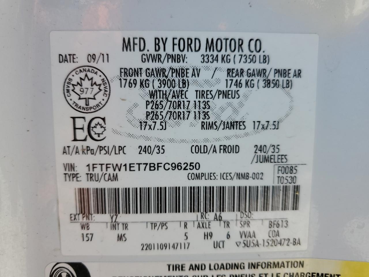 1FTFW1ET7BFC96250 2011 Ford F150 Supercrew