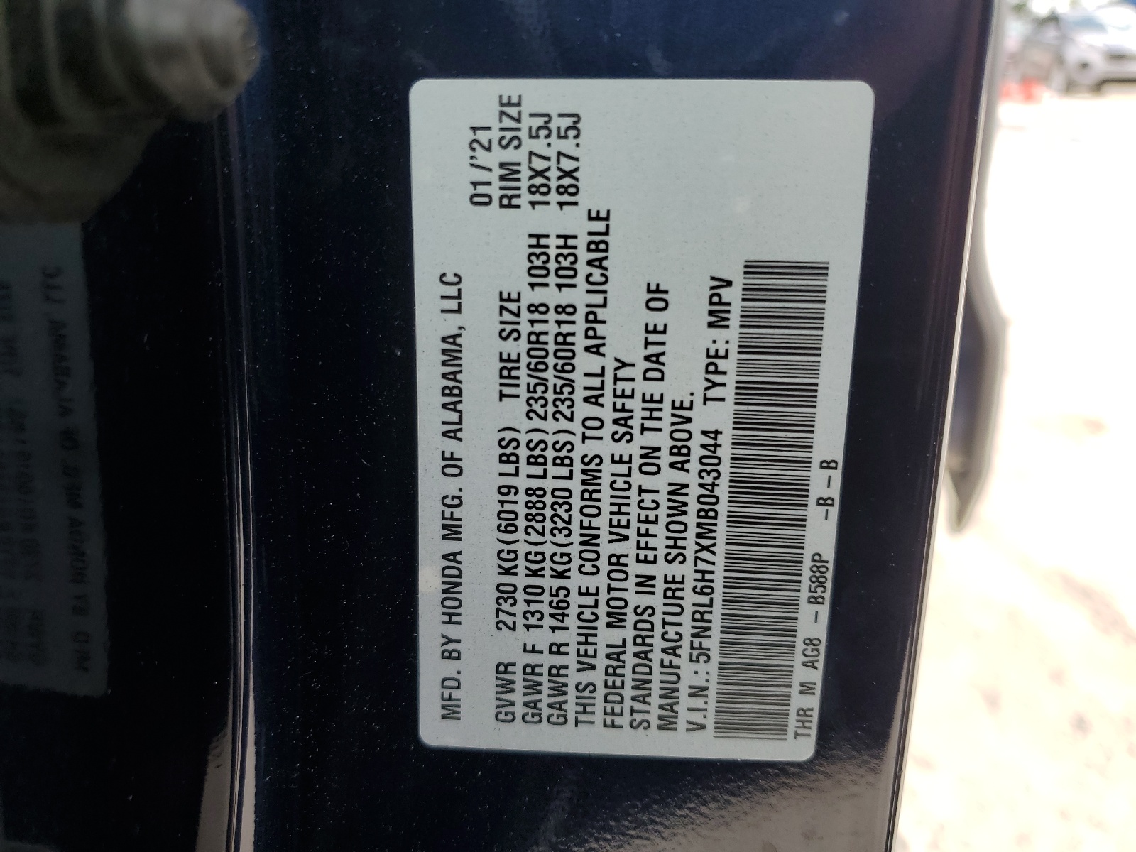 5FNRL6H7XMB043044 2021 Honda Odyssey Exl