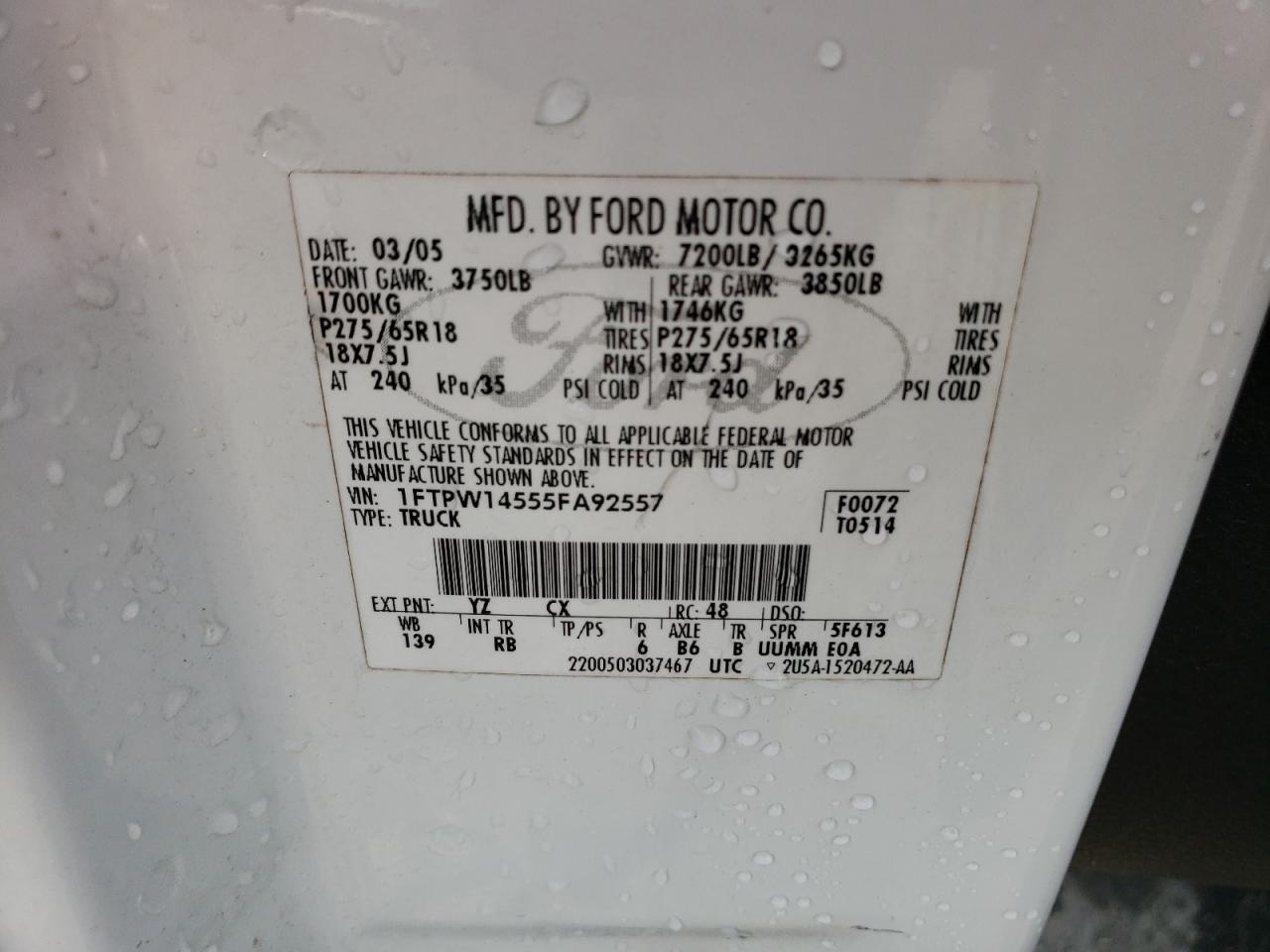 2005 Ford F150 Supercrew VIN: 1FTPW14555FA92557 Lot: 66573304