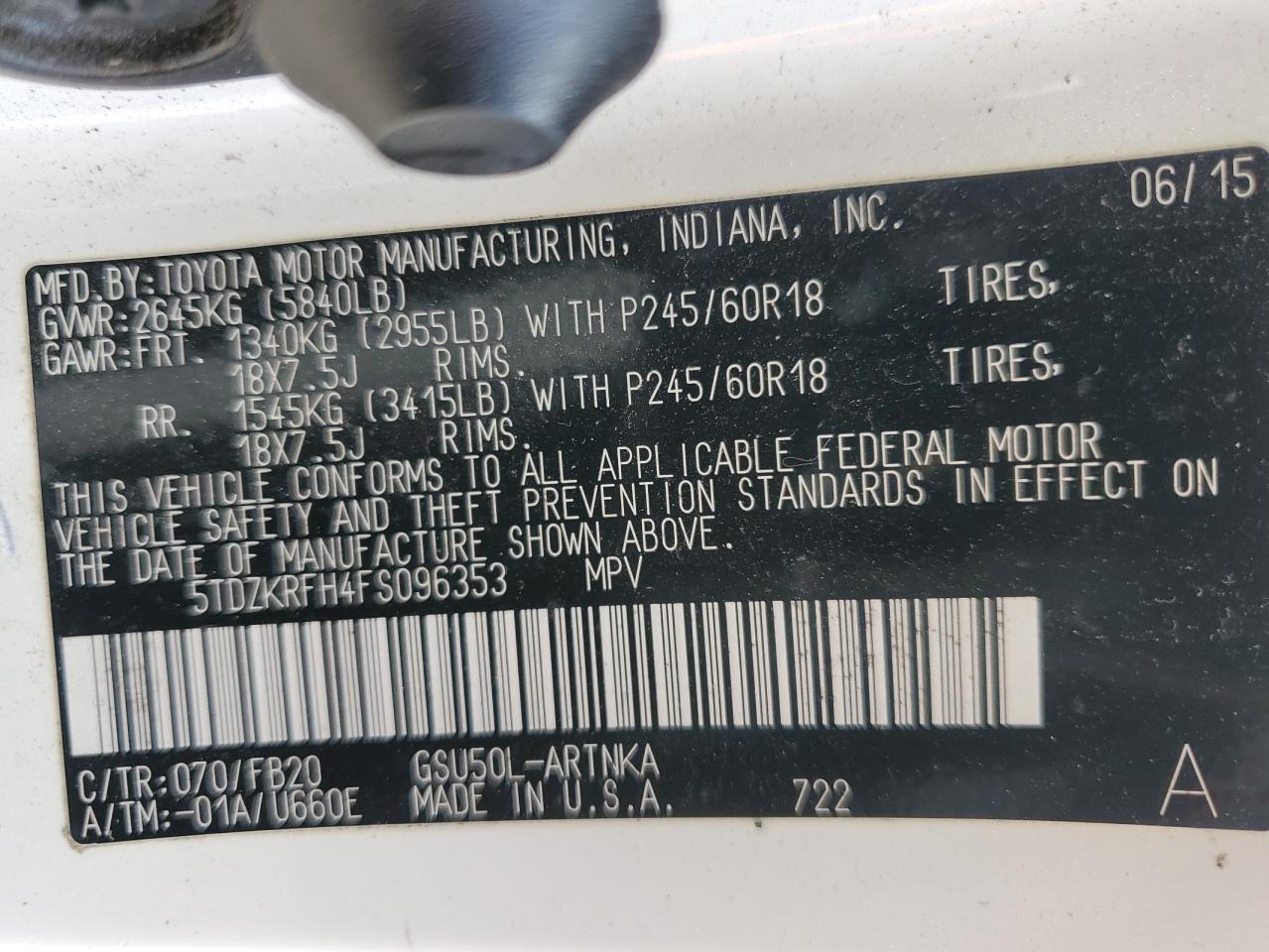 2015 Toyota Highlander Le VIN: 5TDZKRFH4FS096353 Lot: 68274434