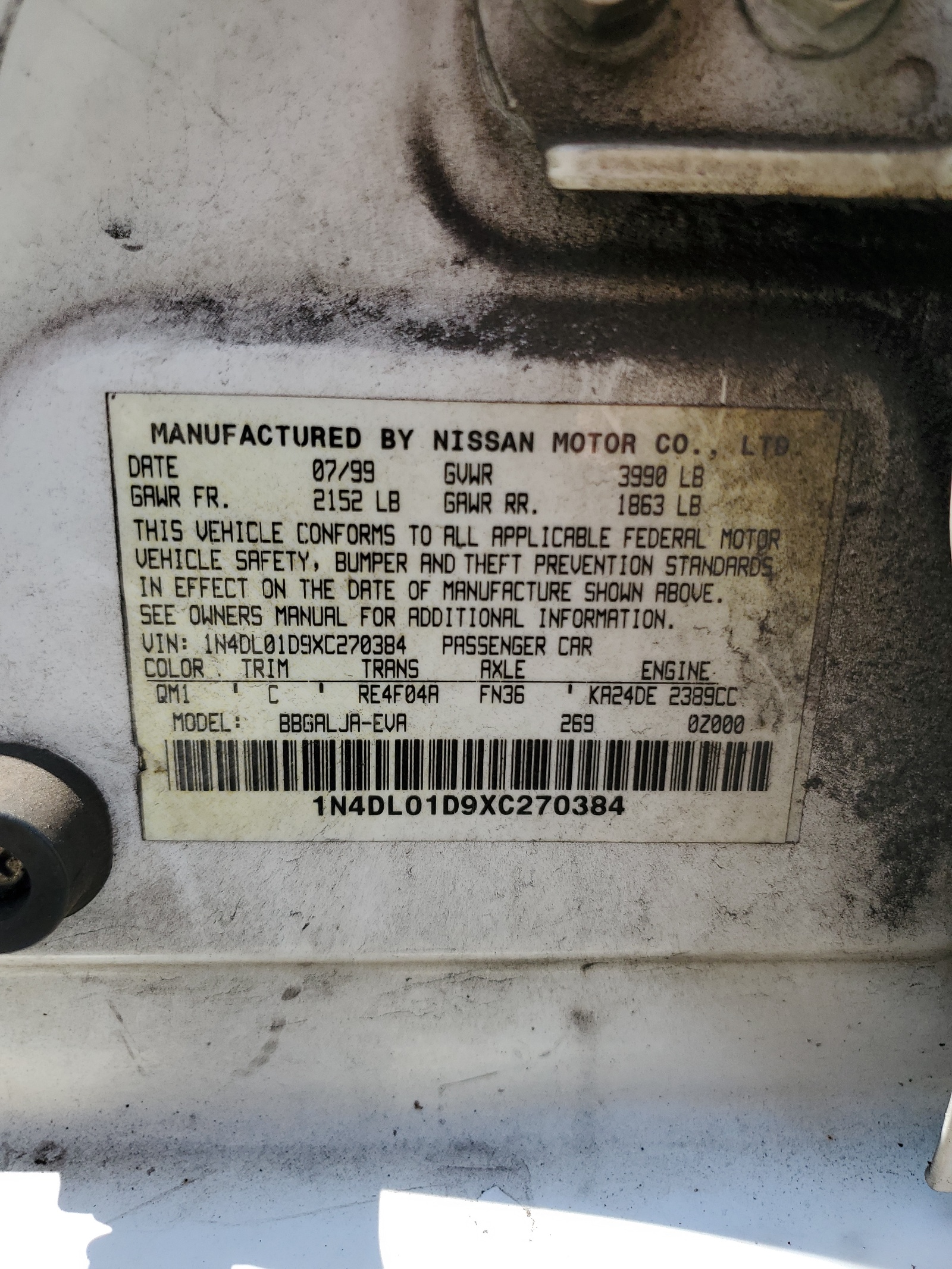 1N4DL01D9XC270384 1999 Nissan Altima Xe